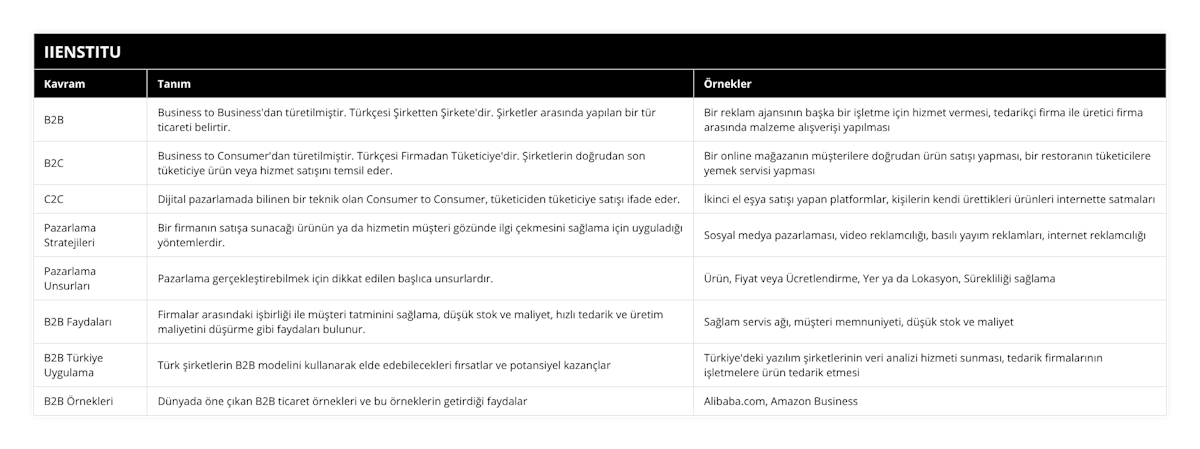 B2B, Business to Business'dan türetilmiştir Türkçesi Şirketten Şirkete'dir Şirketler arasında yapılan bir tür ticareti belirtir, Bir reklam ajansının başka bir işletme için hizmet vermesi, tedarikçi firma ile üretici firma arasında malzeme alışverişi yapılması, B2C, Business to Consumer'dan türetilmiştir Türkçesi Firmadan Tüketiciye'dir Şirketlerin doğrudan son tüketiciye ürün veya hizmet satışını temsil eder, Bir online mağazanın müşterilere doğrudan ürün satışı yapması, bir restoranın tüketicilere yemek servisi yapması, C2C, Dijital pazarlamada bilinen bir teknik olan Consumer to Consumer, tüketiciden tüketiciye satışı ifade eder, İkinci el eşya satışı yapan platformlar, kişilerin kendi ürettikleri ürünleri internette satmaları, Pazarlama Stratejileri, Bir firmanın satışa sunacağı ürünün ya da hizmetin müşteri gözünde ilgi çekmesini sağlama için uyguladığı yöntemlerdir, Sosyal medya pazarlaması, video reklamcılığı, basılı yayım reklamları, internet reklamcılığı, Pazarlama Unsurları, Pazarlama gerçekleştirebilmek için dikkat edilen başlıca unsurlardır, Ürün, Fiyat veya Ücretlendirme, Yer ya da Lokasyon, Sürekliliği sağlama, B2B Faydaları, Firmalar arasındaki işbirliği ile müşteri tatminini sağlama, düşük stok ve maliyet, hızlı tedarik ve üretim maliyetini düşürme gibi faydaları bulunur, Sağlam servis ağı, müşteri memnuniyeti, düşük stok ve maliyet, B2B Türkiye Uygulama, Türk şirketlerin B2B modelini kullanarak elde edebilecekleri fırsatlar ve potansiyel kazançlar, Türkiye'deki yazılım şirketlerinin veri analizi hizmeti sunması, tedarik firmalarının işletmelere ürün tedarik etmesi, B2B Örnekleri, Dünyada öne çıkan B2B ticaret örnekleri ve bu örneklerin getirdiği faydalar, Alibabacom, Amazon Business