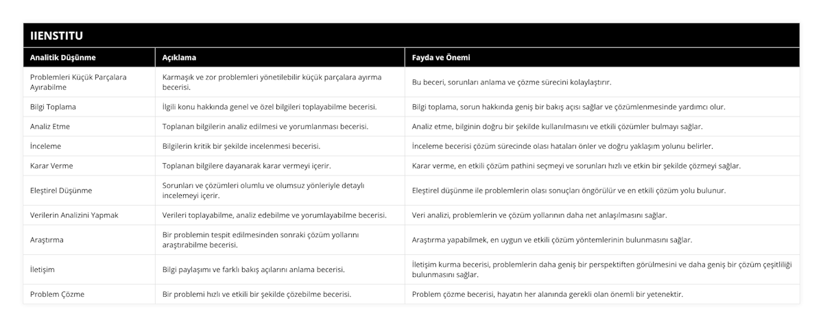 Problemleri Küçük Parçalara Ayırabilme, Karmaşık ve zor problemleri yönetilebilir küçük parçalara ayırma becerisi, Bu beceri, sorunları anlama ve çözme sürecini kolaylaştırır, Bilgi Toplama, İlgili konu hakkında genel ve özel bilgileri toplayabilme becerisi, Bilgi toplama, sorun hakkında geniş bir bakış açısı sağlar ve çözümlenmesinde yardımcı olur, Analiz Etme, Toplanan bilgilerin analiz edilmesi ve yorumlanması becerisi, Analiz etme, bilginin doğru bir şekilde kullanılmasını ve etkili çözümler bulmayı sağlar, İnceleme, Bilgilerin kritik bir şekilde incelenmesi becerisi, İnceleme becerisi çözüm sürecinde olası hataları önler ve doğru yaklaşım yolunu belirler, Karar Verme, Toplanan bilgilere dayanarak karar vermeyi içerir, Karar verme, en etkili çözüm pathini seçmeyi ve sorunları hızlı ve etkin bir şekilde çözmeyi sağlar, Eleştirel Düşünme, Sorunları ve çözümleri olumlu ve olumsuz yönleriyle detaylı incelemeyi içerir, Eleştirel düşünme ile problemlerin olası sonuçları öngörülür ve en etkili çözüm yolu bulunur, Verilerin Analizini Yapmak, Verileri toplayabilme, analiz edebilme ve yorumlayabilme becerisi, Veri analizi, problemlerin ve çözüm yollarının daha net anlaşılmasını sağlar, Araştırma, Bir problemin tespit edilmesinden sonraki çözüm yollarını araştırabilme becerisi, Araştırma yapabilmek, en uygun ve etkili çözüm yöntemlerinin bulunmasını sağlar, İletişim, Bilgi paylaşımı ve farklı bakış açılarını anlama becerisi, İletişim kurma becerisi, problemlerin daha geniş bir perspektiften görülmesini ve daha geniş bir çözüm çeşitliliği bulunmasını sağlar, Problem Çözme, Bir problemi hızlı ve etkili bir şekilde çözebilme becerisi, Problem çözme becerisi, hayatın her alanında gerekli olan önemli bir yetenektir
