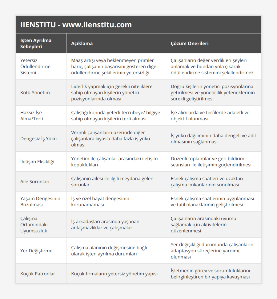 Yetersiz Ödüllendirme Sistemi, Maaş artışı veya beklenmeyen primler hariç, çalışanın başarısını gösteren diğer ödüllendirme şekillerinin yetersizliği, Çalışanların değer verdikleri şeyleri anlamak ve bundan yola çıkarak ödüllendirme sistemini şekillendirmek, Kötü Yönetim, Liderlik yapmak için gerekli niteliklere sahip olmayan kişilerin yönetici pozisyonlarında olması, Doğru kişilerin yönetici pozisyonlarına getirilmesi ve yöneticilik yeteneklerinin sürekli geliştirilmesi, Haksız İşe Alma/Terfi, Çalıştığı konuda yeterli tecrübeye/ bilgiye sahip olmayan kişilerin terfi alması, İşe alımlarda ve terfilerde adaletli ve objektif olunması, Dengesiz İş Yükü, Verimli çalışanların üzerinde diğer çalışanlara kıyasla daha fazla iş yükü olması, İş yükü dağılımının daha dengeli ve adil olmasının sağlanması, İletişim Eksikliği, Yönetim ile çalışanlar arasındaki iletişim kopuklukları, Düzenli toplantılar ve geri bildirim seansları ile iletişimin güçlendirilmesi, Aile Sorunları, Çalışanın ailesi ile ilgili meydana gelen sorunlar, Esnek çalışma saatleri ve uzaktan çalışma imkanlarının sunulması, Yaşam Dengesinin Bozulması, İş ve özel hayat dengesinin korunamaması, Esnek çalışma saatlerinin uygulanması ve tatil olanaklarının geliştirilmesi, Çalışma Ortamındaki Uyumsuzluk, İş arkadaşları arasında yaşanan anlaşmazlıklar ve çatışmalar, Çalışanların arasındaki uyumu sağlamak için aktivitelerin düzenlenmesi, Yer Değiştirme, Çalışma alanının değişmesine bağlı olarak işten ayrılma durumları, Yer değişikliği durumunda çalışanların adaptasyon süreçlerine yardımcı olunması, Küçük Patronlar, Küçük firmaların yetersiz yönetim yapısı, İşletmenin görev ve sorumluluklarını belirginleştiren bir yapıya kavuşması