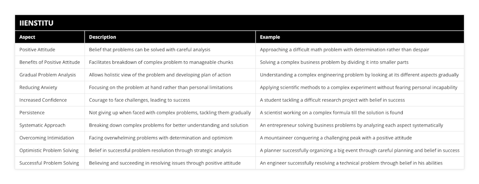 Positive Attitude, Belief that problems can be solved with careful analysis, Approaching a difficult math problem with determination rather than despair, Benefits of Positive Attitude, Facilitates breakdown of complex problem to manageable chunks, Solving a complex business problem by dividing it into smaller parts, Gradual Problem Analysis, Allows holistic view of the problem and developing plan of action, Understanding a complex engineering problem by looking at its different aspects gradually, Reducing Anxiety, Focusing on the problem at hand rather than personal limitations, Applying scientific methods to a complex experiment without fearing personal incapability, Increased Confidence, Courage to face challenges, leading to success, A student tackling a difficult research project with belief in success, Persistence, Not giving up when faced with complex problems, tackling them gradually, A scientist working on a complex formula till the solution is found, Systematic Approach, Breaking down complex problems for better understanding and solution, An entrepreneur solving business problems by analyzing each aspect systematically, Overcoming Intimidation, Facing overwhelming problems with determination and optimism, A mountaineer conquering a challenging peak with a positive attitude, Optimistic Problem Solving, Belief in successful problem resolution through strategic analysis, A planner successfully organizing a big event through careful planning and belief in success, Successful Problem Solving, Believing and succeeding in resolving issues through positive attitude, An engineer successfully resolving a technical problem through belief in his abilities