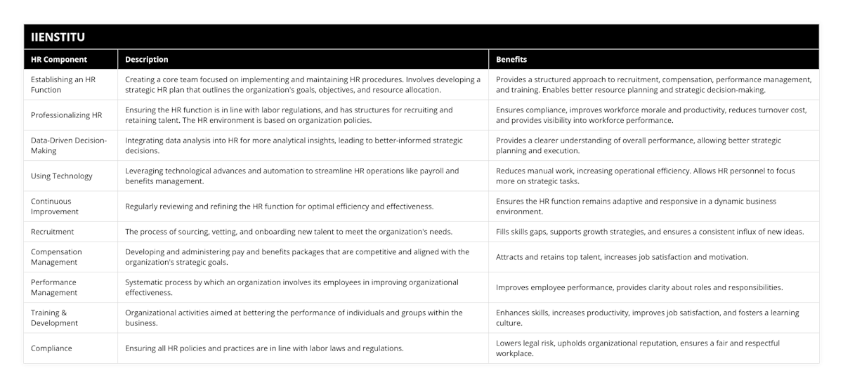 Establishing an HR Function, Creating a core team focused on implementing and maintaining HR procedures Involves developing a strategic HR plan that outlines the organization's goals, objectives, and resource allocation, Provides a structured approach to recruitment, compensation, performance management, and training Enables better resource planning and strategic decision-making, Professionalizing HR, Ensuring the HR function is in line with labor regulations, and has structures for recruiting and retaining talent The HR environment is based on organization policies, Ensures compliance, improves workforce morale and productivity, reduces turnover cost, and provides visibility into workforce performance, Data-Driven Decision-Making, Integrating data analysis into HR for more analytical insights, leading to better-informed strategic decisions, Provides a clearer understanding of overall performance, allowing better strategic planning and execution, Using Technology, Leveraging technological advances and automation to streamline HR operations like payroll and benefits management, Reduces manual work, increasing operational efficiency Allows HR personnel to focus more on strategic tasks, Continuous Improvement, Regularly reviewing and refining the HR function for optimal efficiency and effectiveness, Ensures the HR function remains adaptive and responsive in a dynamic business environment, Recruitment, The process of sourcing, vetting, and onboarding new talent to meet the organization's needs, Fills skills gaps, supports growth strategies, and ensures a consistent influx of new ideas, Compensation Management, Developing and administering pay and benefits packages that are competitive and aligned with the organization's strategic goals, Attracts and retains top talent, increases job satisfaction and motivation, Performance Management, Systematic process by which an organization involves its employees in improving organizational effectiveness, Improves employee performance, provides clarity about roles and responsibilities, Training & Development, Organizational activities aimed at bettering the performance of individuals and groups within the business, Enhances skills, increases productivity, improves job satisfaction, and fosters a learning culture, Compliance, Ensuring all HR policies and practices are in line with labor laws and regulations, Lowers legal risk, upholds organizational reputation, ensures a fair and respectful workplace