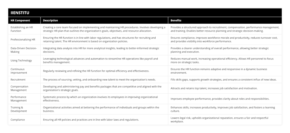 Establishing an HR Function, Creating a core team focused on implementing and maintaining HR procedures Involves developing a strategic HR plan that outlines the organization's goals, objectives, and resource allocation, Provides a structured approach to recruitment, compensation, performance management, and training Enables better resource planning and strategic decision-making, Professionalizing HR, Ensuring the HR function is in line with labor regulations, and has structures for recruiting and retaining talent The HR environment is based on organization policies, Ensures compliance, improves workforce morale and productivity, reduces turnover cost, and provides visibility into workforce performance, Data-Driven Decision-Making, Integrating data analysis into HR for more analytical insights, leading to better-informed strategic decisions, Provides a clearer understanding of overall performance, allowing better strategic planning and execution, Using Technology, Leveraging technological advances and automation to streamline HR operations like payroll and benefits management, Reduces manual work, increasing operational efficiency Allows HR personnel to focus more on strategic tasks, Continuous Improvement, Regularly reviewing and refining the HR function for optimal efficiency and effectiveness, Ensures the HR function remains adaptive and responsive in a dynamic business environment, Recruitment, The process of sourcing, vetting, and onboarding new talent to meet the organization's needs, Fills skills gaps, supports growth strategies, and ensures a consistent influx of new ideas, Compensation Management, Developing and administering pay and benefits packages that are competitive and aligned with the organization's strategic goals, Attracts and retains top talent, increases job satisfaction and motivation, Performance Management, Systematic process by which an organization involves its employees in improving organizational effectiveness, Improves employee performance, provides clarity about roles and responsibilities, Training & Development, Organizational activities aimed at bettering the performance of individuals and groups within the business, Enhances skills, increases productivity, improves job satisfaction, and fosters a learning culture, Compliance, Ensuring all HR policies and practices are in line with labor laws and regulations, Lowers legal risk, upholds organizational reputation, ensures a fair and respectful workplace