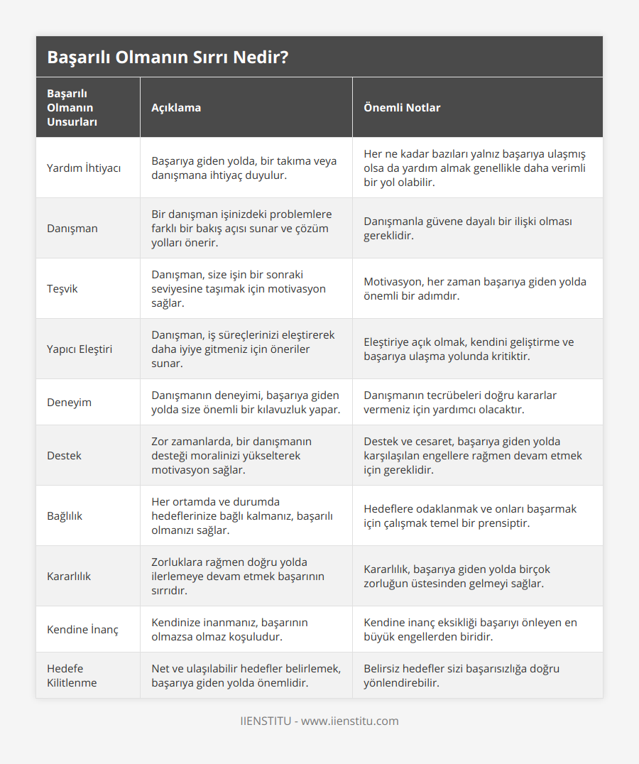 Yardım İhtiyacı, Başarıya giden yolda, bir takıma veya danışmana ihtiyaç duyulur, Her ne kadar bazıları yalnız başarıya ulaşmış olsa da yardım almak genellikle daha verimli bir yol olabilir, Danışman, Bir danışman işinizdeki problemlere farklı bir bakış açısı sunar ve çözüm yolları önerir, Danışmanla güvene dayalı bir ilişki olması gereklidir, Teşvik, Danışman, size işin bir sonraki seviyesine taşımak için motivasyon sağlar, Motivasyon, her zaman başarıya giden yolda önemli bir adımdır, Yapıcı Eleştiri, Danışman, iş süreçlerinizi eleştirerek daha iyiye gitmeniz için öneriler sunar, Eleştiriye açık olmak, kendini geliştirme ve başarıya ulaşma yolunda kritiktir, Deneyim, Danışmanın deneyimi, başarıya giden yolda size önemli bir kılavuzluk yapar, Danışmanın tecrübeleri doğru kararlar vermeniz için yardımcı olacaktır, Destek, Zor zamanlarda, bir danışmanın desteği moralinizi yükselterek motivasyon sağlar, Destek ve cesaret, başarıya giden yolda karşılaşılan engellere rağmen devam etmek için gereklidir, Bağlılık, Her ortamda ve durumda hedeflerinize bağlı kalmanız, başarılı olmanızı sağlar, Hedeflere odaklanmak ve onları başarmak için çalışmak temel bir prensiptir, Kararlılık, Zorluklara rağmen doğru yolda ilerlemeye devam etmek başarının sırrıdır, Kararlılık, başarıya giden yolda birçok zorluğun üstesinden gelmeyi sağlar, Kendine İnanç, Kendinize inanmanız, başarının olmazsa olmaz koşuludur, Kendine inanç eksikliği başarıyı önleyen en büyük engellerden biridir, Hedefe Kilitlenme, Net ve ulaşılabilir hedefler belirlemek, başarıya giden yolda önemlidir, Belirsiz hedefler sizi başarısızlığa doğru yönlendirebilir