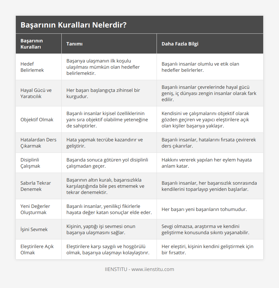 Hedef Belirlemek, Başarıya ulaşmanın ilk koşulu ulaşılması mümkün olan hedefler belirlemektir, Başarılı insanlar olumlu ve etik olan hedefler belirlerler, Hayal Gücü ve Yaratıcılık, Her başarı başlangıçta zihinsel bir kurgudur, Başarılı insanlar çevrelerinde hayal gücü geniş, iç dünyası zengin insanlar olarak fark edilir, Objektif Olmak, Başarılı insanlar kişisel özelliklerinin yanı sıra objektif olabilme yeteneğine de sahiptirler, Kendisini ve çalışmalarını objektif olarak gözden geçiren ve yapıcı eleştirilere açık olan kişiler başarıya yaklaşır, Hatalardan Ders Çıkarmak, Hata yapmak tecrübe kazandırır ve geliştirir, Başarılı insanlar, hatalarını fırsata çevirerek ders çıkarırlar, Disiplinli Çalışmak, Başarıda sonuca götüren yol disiplinli çalışmadan geçer, Hakkını vererek yapılan her eylem hayata anlam katar, Sabırla Tekrar Denemek, Başarının altın kuralı, başarısızlıkla karşılaştığında bile pes etmemek ve tekrar denemektir, Başarılı insanlar, her başarısızlık sonrasında kendilerini toparlayıp yeniden başlarlar, Yeni Değerler Oluşturmak, Başarılı insanlar, yenilikçi fikirlerle hayata değer katan sonuçlar elde eder, Her başarı yeni başarıların tohumudur, İşini Sevmek, Kişinin, yaptığı işi sevmesi onun başarıya ulaşmasını sağlar, Sevgi olmazsa, araştırma ve kendini geliştirme konusunda sıkıntı yaşanabilir, Eleştirilere Açık Olmak, Eleştirilere karşı saygılı ve hoşgörülü olmak, başarıya ulaşmayı kolaylaştırır, Her eleştiri, kişinin kendini geliştirmek için bir fırsattır