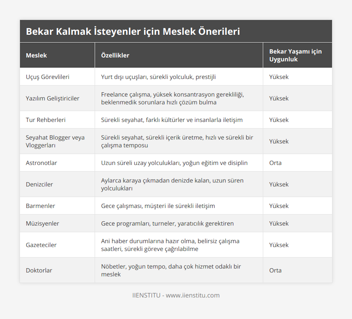 Uçuş Görevlileri, Yurt dışı uçuşları, sürekli yolculuk, prestijli, Yüksek, Yazılım Geliştiriciler, Freelance çalışma, yüksek konsantrasyon gerekliliği, beklenmedik sorunlara hızlı çözüm bulma, Yüksek, Tur Rehberleri, Sürekli seyahat,  farklı kültürler ve insanlarla iletişim, Yüksek, Seyahat Blogger veya Vloggerları, Sürekli seyahat, sürekli içerik üretme, hızlı ve sürekli bir çalışma temposu, Yüksek, Astronotlar, Uzun süreli uzay yolculukları, yoğun eğitim ve disiplin, Orta, Denizciler, Aylarca karaya çıkmadan denizde kalan, uzun süren yolculukları, Yüksek, Barmenler, Gece çalışması, müşteri ile sürekli iletişim, Yüksek, Müzisyenler, Gece programları, turneler, yaratıcılık gerektiren, Yüksek, Gazeteciler, Ani haber durumlarına hazır olma, belirsiz çalışma saatleri, sürekli göreve çağrılabilme, Yüksek, Doktorlar, Nöbetler, yoğun tempo, daha çok hizmet odaklı bir meslek, Orta