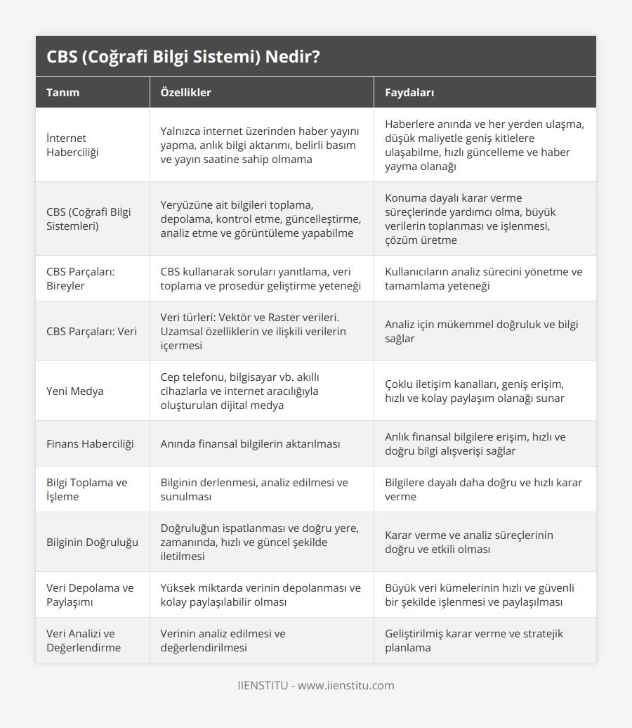 İnternet Haberciliği, Yalnızca internet üzerinden haber yayını yapma, anlık bilgi aktarımı, belirli basım ve yayın saatine sahip olmama, Haberlere anında ve her yerden ulaşma, düşük maliyetle geniş kitlelere ulaşabilme, hızlı güncelleme ve haber yayma olanağı, CBS (Coğrafi Bilgi Sistemleri), Yeryüzüne ait bilgileri toplama, depolama, kontrol etme, güncelleştirme, analiz etme ve görüntüleme yapabilme, Konuma dayalı karar verme süreçlerinde yardımcı olma, büyük verilerin toplanması ve işlenmesi, çözüm üretme, CBS Parçaları: Bireyler, CBS kullanarak soruları yanıtlama, veri toplama ve prosedür geliştirme yeteneği, Kullanıcıların analiz sürecini yönetme ve tamamlama yeteneği, CBS Parçaları: Veri, Veri türleri: Vektör ve Raster verileri Uzamsal özelliklerin ve ilişkili verilerin içermesi, Analiz için mükemmel doğruluk ve bilgi sağlar, Yeni Medya, Cep telefonu, bilgisayar vb akıllı cihazlarla ve internet aracılığıyla oluşturulan dijital medya, Çoklu iletişim kanalları, geniş erişim, hızlı ve kolay paylaşım olanağı sunar, Finans Haberciliği, Anında finansal bilgilerin aktarılması, Anlık finansal bilgilere erişim, hızlı ve doğru bilgi alışverişi sağlar, Bilgi Toplama ve İşleme, Bilginin derlenmesi, analiz edilmesi ve sunulması, Bilgilere dayalı daha doğru ve hızlı karar verme, Bilginin Doğruluğu, Doğruluğun ispatlanması ve doğru yere, zamanında, hızlı ve güncel şekilde iletilmesi, Karar verme ve analiz süreçlerinin doğru ve etkili olması, Veri Depolama ve Paylaşımı, Yüksek miktarda verinin depolanması ve kolay paylaşılabilir olması, Büyük veri kümelerinin hızlı ve güvenli bir şekilde işlenmesi ve paylaşılması, Veri Analizi ve Değerlendirme, Verinin analiz edilmesi ve değerlendirilmesi, Geliştirilmiş karar verme ve stratejik planlama