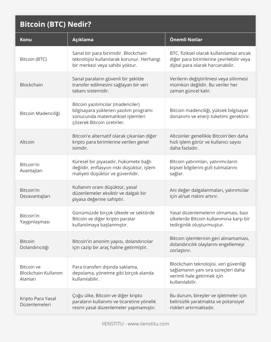 Bitcoin (BTC), Sanal bir para birimidir Blockchain teknolojisi kullanılarak korunur Herhangi bir merkezi veya sahibi yoktur, BTC, fiziksel olarak kullanılamaz ancak diğer para birimlerine çevrilebilir veya dijital para olarak harcanabilir, Blockchain, Sanal paraların güvenli bir şekilde transfer edilmesini sağlayan bir veri tabanı sistemidir, Verilerin değiştirilmesi veya silinmesi mümkün değildir Bu veriler her zaman güncel kalır, Bitcoin Madenciliği, Bitcoin yazılımcılar (madenciler) bilgisayara yüklenen yazılım programı sonucunda matematiksel işlemleri çözerek Bitcoin üretirler, Bitcoin madenciliği, yüksek bilgisayar donanımı ve enerji tüketimi gerektirir, Altcoin, Bitcoin'e alternatif olarak çıkarılan diğer kripto para birimlerine verilen genel isimdir, Altcoinler genellikle Bitcoin'den daha hızlı işlem görür ve kullanıcı sayısı daha fazladır, Bitcoin'in Avantajları, Küresel bir piyasadır, hükümete bağlı değildir, enflasyon riski düşüktür, işlem maliyeti düşüktür ve güvenlidir, Bitcoin yatırımları, yatırımcıların kişisel bilgilerini gizli tutmalarını sağlar, Bitcoin'in Dezavantajları, Kullanım oranı düşüktür, yasal düzenlemeler eksiktir ve dalgalı bir piyasa değerine sahiptir, Ani değer dalgalanmaları, yatırımcılar için al/sat riskini artırır, Bitcoin'in Yaygınlaşması, Günümüzde birçok ülkede ve sektörde Bitcoin ve diğer kripto paralar kullanılmaya başlanmıştır, Yasal düzenlemelerin olmaması, bazı ülkelerde Bitcoin kullanımına karşı bir tedirginlik oluşturmuştur, Bitcoin Dolandırıcılığı, Bitcoin'in anonim yapısı, dolandırıcılar için cazip bir araç haline getirmiştir, Bitcoin işlemlerinin geri alınamaması, dolandırıcılık olaylarını engellemeyi zorlaştırır, Bitcoin ve Blockchain Kullanım Alanları, Para transferi dışında saklama, depolama, yönetme gibi birçok alanda kullanılabilir, Blockchain teknolojisi, veri güvenliği sağlamanın yanı sıra süreçleri daha verimli hale getirmek için kullanılabilir, Kripto Para Yasal Düzenlemeleri, Çoğu ülke, Bitcoin ve diğer kripto paraların kullanımı ve ticaretine yönelik resmi yasal düzenlemeler yapmamıştır, Bu durum, bireyler ve işletmeler için belirsizlik yaratmakta ve potansiyel riskleri artırmaktadır