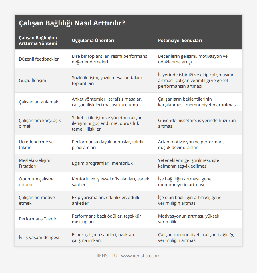 Düzenli feedbackler, Bire bir toplantılar, resmi performans değerlendirmeleri, Becerilerin gelişimi, motivasyon ve odaklanma artışı, Güçlü İletişim, Sözlü iletişim, yazılı mesajlar, takım toplantıları, İş yerinde işbirliği ve ekip çalışmasının artması, çalışan verimliliği ve genel performansın artması, Çalışanları anlamak, Anket yöntemleri, tarafsız masalar, çalışan ilişkileri masası kurulumu, Çalışanların beklentilerinin karşılanması, memnuniyetin artırılması, Çalışanlara karşı açık olmak, Şirket içi iletişim ve yönetim çalışan iletişimini güçlendirme, dürüstlük temelli ilişkiler, Güvende hissetme, iş yerinde huzurun artması, Ücretlendirme ve takdir, Performansa dayalı bonuslar, takdir programları, Artan motivasyon ve performans, düşük devir oranları, Mesleki Gelişim Fırsatları, Eğitim programları, mentörlük, Yeteneklerin geliştirilmesi, işte kalmanın teşvik edilmesi, Optimum çalışma ortamı, Konforlu ve işlevsel ofis alanları, esnek saatler, İşe bağlılığın artması, genel memnuniyetin artması, Çalışanları motive etmek, Ekip yarışmaları, etkinlikler, ödüllü anketler, İşe olan bağlılığın artması, genel verimliliğin artması, Performans Takdiri, Performans bazlı ödüller, teşekkür mektupları, Motivasyonun artması, yüksek verimlilik, İyi İş-yaşam dengesi, Esnek çalışma saatleri, uzaktan çalışma imkanı, Çalışan memnuniyeti, çalışan bağlılığı, verimliliğin artması