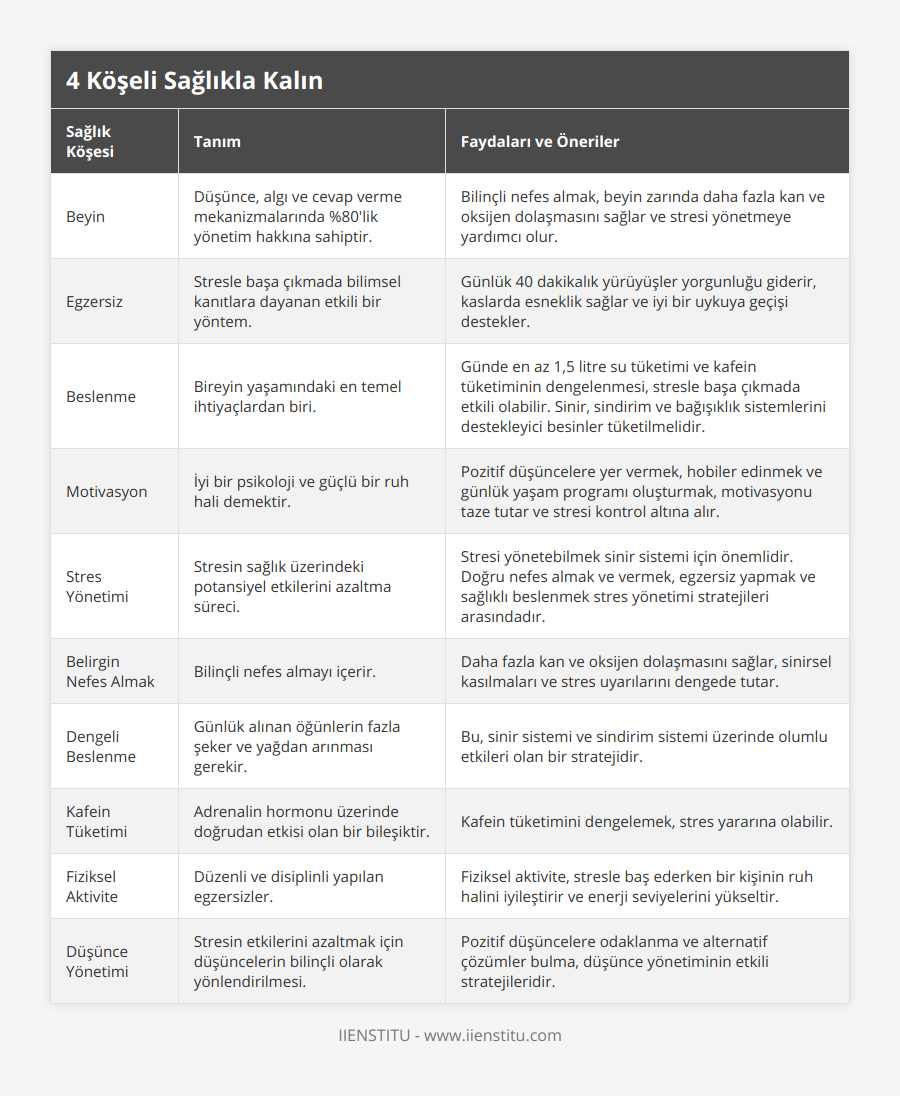 Beyin, Düşünce, algı ve cevap verme mekanizmalarında %80'lik yönetim hakkına sahiptir, Bilinçli nefes almak, beyin zarında daha fazla kan ve oksijen dolaşmasını sağlar ve stresi yönetmeye yardımcı olur, Egzersiz, Stresle başa çıkmada bilimsel kanıtlara dayanan etkili bir yöntem, Günlük 40 dakikalık yürüyüşler yorgunluğu giderir, kaslarda esneklik sağlar ve iyi bir uykuya geçişi destekler, Beslenme, Bireyin yaşamındaki en temel ihtiyaçlardan biri, Günde en az 1,5 litre su tüketimi ve kafein tüketiminin dengelenmesi, stresle başa çıkmada etkili olabilir Sinir, sindirim ve bağışıklık sistemlerini destekleyici besinler tüketilmelidir, Motivasyon, İyi bir psikoloji ve güçlü bir ruh hali demektir, Pozitif düşüncelere yer vermek, hobiler edinmek ve günlük yaşam programı oluşturmak, motivasyonu taze tutar ve stresi kontrol altına alır, Stres Yönetimi, Stresin sağlık üzerindeki potansiyel etkilerini azaltma süreci, Stresi yönetebilmek sinir sistemi için önemlidir Doğru nefes almak ve vermek, egzersiz yapmak ve sağlıklı beslenmek stres yönetimi stratejileri arasındadır, Belirgin Nefes Almak, Bilinçli nefes almayı içerir, Daha fazla kan ve oksijen dolaşmasını sağlar, sinirsel kasılmaları ve stres uyarılarını dengede tutar, Dengeli Beslenme, Günlük alınan öğünlerin fazla şeker ve yağdan arınması gerekir, Bu, sinir sistemi ve sindirim sistemi üzerinde olumlu etkileri olan bir stratejidir, Kafein Tüketimi, Adrenalin hormonu üzerinde doğrudan etkisi olan bir bileşiktir, Kafein tüketimini dengelemek, stres yararına olabilir, Fiziksel Aktivite, Düzenli ve disiplinli yapılan egzersizler, Fiziksel aktivite, stresle baş ederken bir kişinin ruh halini iyileştirir ve enerji seviyelerini yükseltir, Düşünce Yönetimi, Stresin etkilerini azaltmak için düşüncelerin bilinçli olarak yönlendirilmesi, Pozitif düşüncelere odaklanma ve alternatif çözümler bulma, düşünce yönetiminin etkili stratejileridir