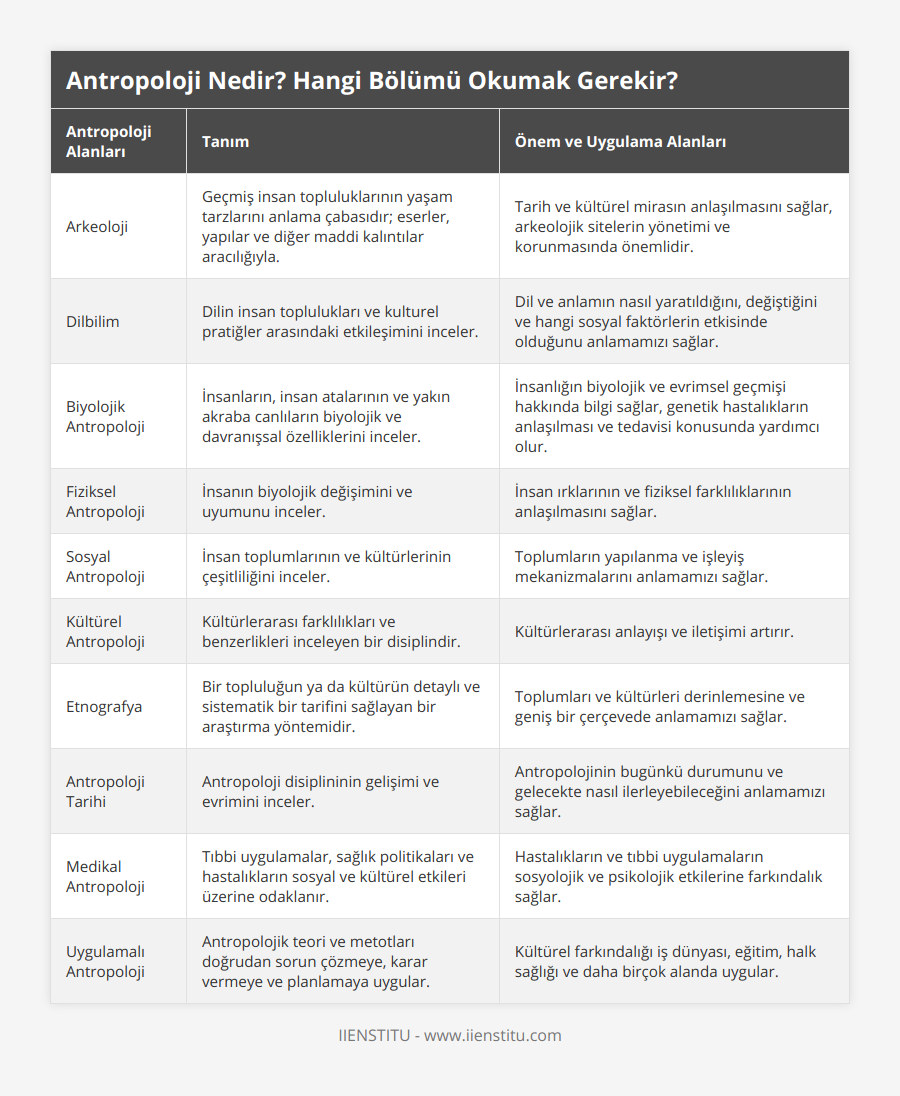 Arkeoloji, Geçmiş insan topluluklarının yaşam tarzlarını anlama çabasıdır; eserler, yapılar ve diğer maddi kalıntılar aracılığıyla, Tarih ve kültürel mirasın anlaşılmasını sağlar, arkeolojik sitelerin yönetimi ve korunmasında önemlidir, Dilbilim, Dilin insan toplulukları ve kulturel pratiğler arasındaki etkileşimini inceler, Dil ve anlamın nasıl yaratıldığını, değiştiğini ve hangi sosyal faktörlerin etkisinde olduğunu anlamamızı sağlar, Biyolojik Antropoloji, İnsanların, insan atalarının ve yakın akraba canlıların biyolojik ve davranışsal özelliklerini inceler, İnsanlığın biyolojik ve evrimsel geçmişi hakkında bilgi sağlar, genetik hastalıkların anlaşılması ve tedavisi konusunda yardımcı olur, Fiziksel Antropoloji, İnsanın biyolojik değişimini ve uyumunu inceler, İnsan ırklarının ve fiziksel farklılıklarının anlaşılmasını sağlar, Sosyal Antropoloji, İnsan toplumlarının ve kültürlerinin çeşitliliğini inceler, Toplumların yapılanma ve işleyiş mekanizmalarını anlamamızı sağlar, Kültürel Antropoloji, Kültürlerarası farklılıkları ve benzerlikleri inceleyen bir disiplindir, Kültürlerarası anlayışı ve iletişimi artırır, Etnografya, Bir topluluğun ya da kültürün detaylı ve sistematik bir tarifini sağlayan bir araştırma yöntemidir, Toplumları ve kültürleri derinlemesine ve geniş bir çerçevede anlamamızı sağlar, Antropoloji Tarihi, Antropoloji disiplininin gelişimi ve evrimini inceler, Antropolojinin bugünkü durumunu ve gelecekte nasıl ilerleyebileceğini anlamamızı sağlar, Medikal Antropoloji, Tıbbi uygulamalar, sağlık politikaları ve hastalıkların sosyal ve kültürel etkileri üzerine odaklanır, Hastalıkların ve tıbbi uygulamaların sosyolojik ve psikolojik etkilerine farkındalık sağlar, Uygulamalı Antropoloji, Antropolojik teori ve metotları doğrudan sorun çözmeye, karar vermeye ve planlamaya uygular, Kültürel farkındalığı iş dünyası, eğitim, halk sağlığı ve daha birçok alanda uygular