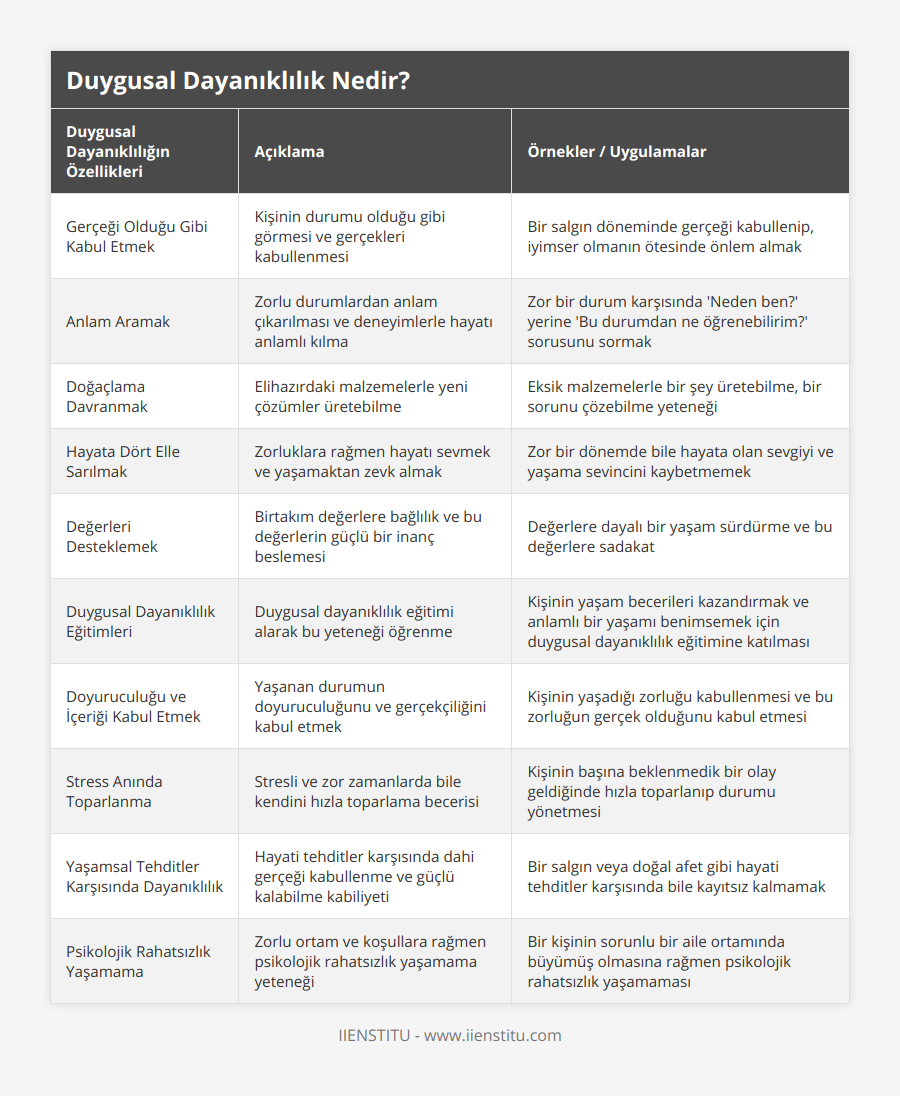 Gerçeği Olduğu Gibi Kabul Etmek, Kişinin durumu olduğu gibi görmesi ve gerçekleri kabullenmesi, Bir salgın döneminde gerçeği kabullenip, iyimser olmanın ötesinde önlem almak, Anlam Aramak, Zorlu durumlardan anlam çıkarılması ve deneyimlerle hayatı anlamlı kılma, Zor bir durum karşısında 'Neden ben?' yerine 'Bu durumdan ne öğrenebilirim?' sorusunu sormak, Doğaçlama Davranmak, Elihazırdaki malzemelerle yeni çözümler üretebilme, Eksik malzemelerle bir şey üretebilme, bir sorunu çözebilme yeteneği, Hayata Dört Elle Sarılmak, Zorluklara rağmen hayatı sevmek ve yaşamaktan zevk almak, Zor bir dönemde bile hayata olan sevgiyi ve yaşama sevincini kaybetmemek, Değerleri Desteklemek, Birtakım değerlere bağlılık ve bu değerlerin güçlü bir inanç beslemesi, Değerlere dayalı bir yaşam sürdürme ve bu değerlere sadakat, Duygusal Dayanıklılık Eğitimleri, Duygusal dayanıklılık eğitimi alarak bu yeteneği öğrenme, Kişinin yaşam becerileri kazandırmak ve anlamlı bir yaşamı benimsemek için duygusal dayanıklılık eğitimine katılması, Doyuruculuğu ve İçeriği Kabul Etmek, Yaşanan durumun doyuruculuğunu ve gerçekçiliğini kabul etmek, Kişinin yaşadığı zorluğu kabullenmesi ve bu zorluğun gerçek olduğunu kabul etmesi, Stress Anında Toparlanma, Stresli ve zor zamanlarda bile kendini hızla toparlama becerisi, Kişinin başına beklenmedik bir olay geldiğinde hızla toparlanıp durumu yönetmesi, Yaşamsal Tehditler Karşısında Dayanıklılık, Hayati tehditler karşısında dahi gerçeği kabullenme ve güçlü kalabilme kabiliyeti, Bir salgın veya doğal afet gibi hayati tehditler karşısında bile kayıtsız kalmamak, Psikolojik Rahatsızlık Yaşamama, Zorlu ortam ve koşullara rağmen psikolojik rahatsızlık yaşamama yeteneği, Bir kişinin sorunlu bir aile ortamında büyümüş olmasına rağmen psikolojik rahatsızlık yaşamaması