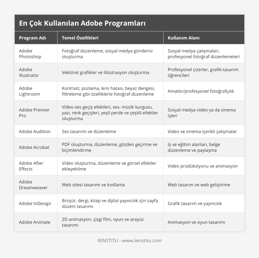 Adobe Photoshop, Fotoğraf düzenleme, sosyal medya gönderisi oluşturma, Sosyal medya çalışmaları, profesyonel fotoğraf düzenlemeleri, Adobe Illustrator, Vektörel grafikler ve illüstrasyon oluşturma, Profesyonel çizerler, grafik-tasarım öğrencileri, Adobe Lightroom, Kontrast, pozlama, lens hatası, beyaz dengesi, filtreleme gibi özelliklerle fotoğraf düzenleme, Amatör/profesyonel fotoğrafçılık, Adobe Premier Pro, Video-ses geçiş efektleri, ses- müzik kurgusu, yazı, renk geçişleri, yeşil perde ve çeşitli efektler oluşturma, Sosyal medya video ya da sinema işleri, Adobe Audition, Ses tasarımı ve düzenleme, Video ve sinema içerikli çalışmalar, Adobe Acrobat, PDF oluşturma, düzenleme, gözden geçirme ve biçimlendirme, İş ve eğitim alanları, belge düzenleme ve paylaşma, Adobe After Effects, Video oluşturma, düzenleme ve görsel efektler ekleyebilme, Video prodüksiyonu ve animasyon, Adobe Dreamweaver, Web sitesi tasarımı ve kodlama, Web tasarım ve web geliştirme, Adobe InDesign, Broşür, dergi, kitap ve dijital yayıncılık için sayfa düzeni tasarımı, Grafik tasarım ve yayıncılık, Adobe Animate, 2D animasyon, çizgi film, oyun ve arayüz tasarımı, Animasyon ve oyun tasarımı