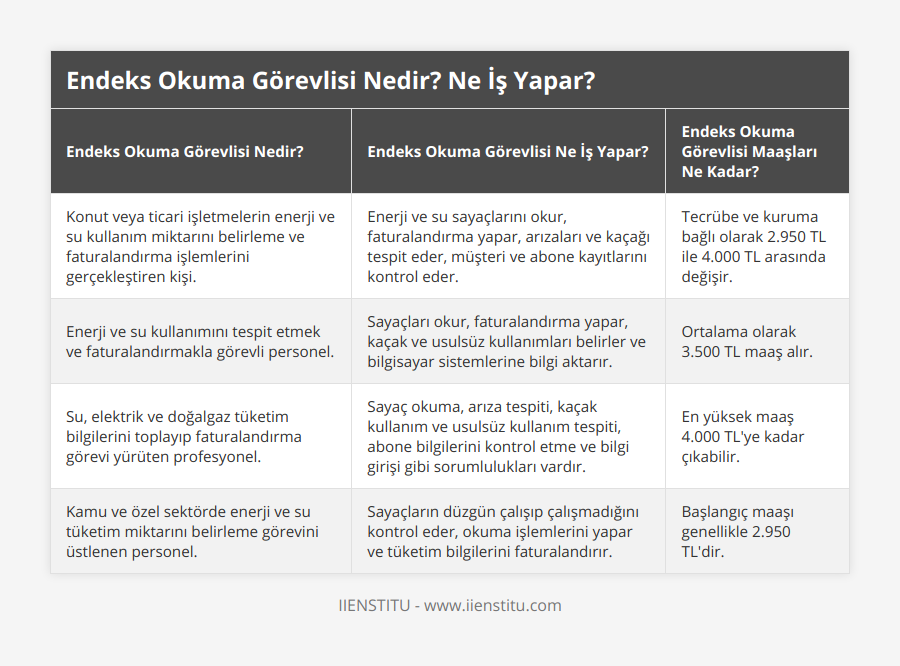 Konut veya ticari işletmelerin enerji ve su kullanım miktarını belirleme ve faturalandırma işlemlerini gerçekleştiren kişi, Enerji ve su sayaçlarını okur, faturalandırma yapar, arızaları ve kaçağı tespit eder, müşteri ve abone kayıtlarını kontrol eder, Tecrübe ve kuruma bağlı olarak 2950 TL ile 4000 TL arasında değişir, Enerji ve su kullanımını tespit etmek ve faturalandırmakla görevli personel, Sayaçları okur, faturalandırma yapar, kaçak ve usulsüz kullanımları belirler ve bilgisayar sistemlerine bilgi aktarır, Ortalama olarak 3500 TL maaş alır, Su, elektrik ve doğalgaz tüketim bilgilerini toplayıp faturalandırma görevi yürüten profesyonel, Sayaç okuma, arıza tespiti, kaçak kullanım ve usulsüz kullanım tespiti, abone bilgilerini kontrol etme ve bilgi girişi gibi sorumlulukları vardır, En yüksek maaş 4000 TL'ye kadar çıkabilir, Kamu ve özel sektörde enerji ve su tüketim miktarını belirleme görevini üstlenen personel, Sayaçların düzgün çalışıp çalışmadığını kontrol eder, okuma işlemlerini yapar ve tüketim bilgilerini faturalandırır, Başlangıç maaşı genellikle 2950 TL'dir