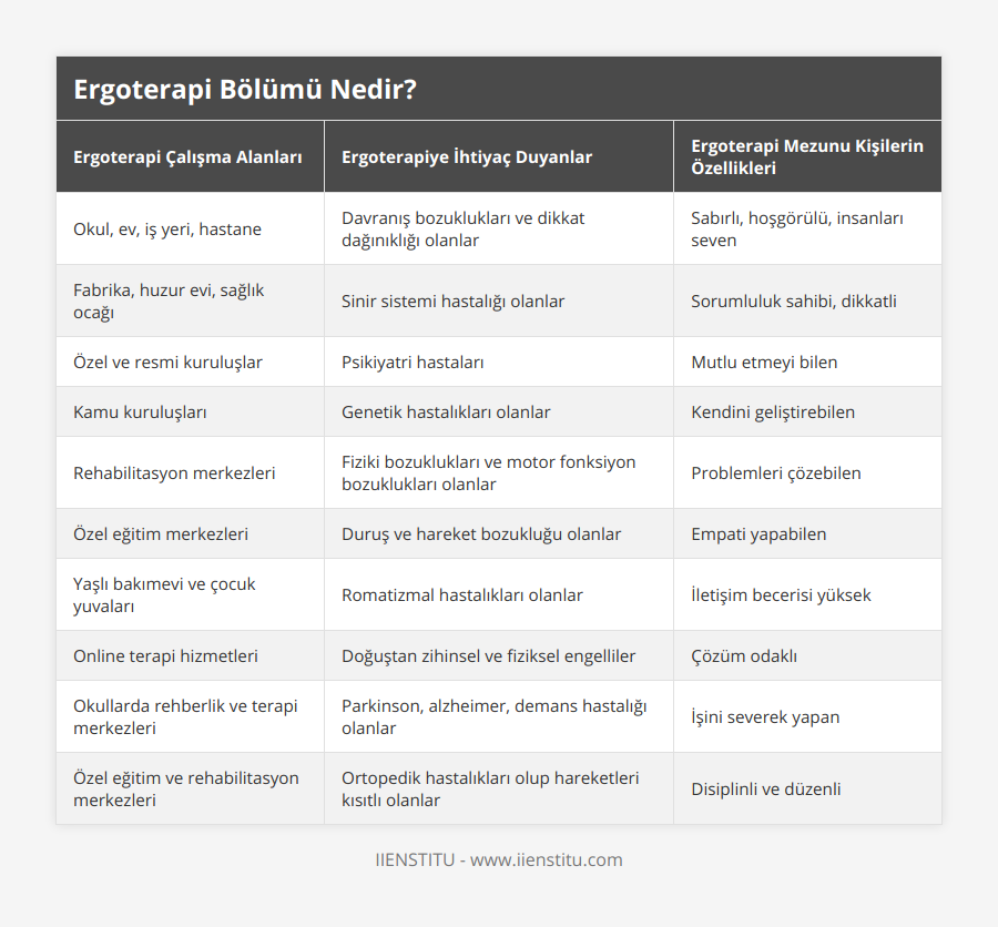 Okul, ev, iş yeri, hastane, Davranış bozuklukları ve dikkat dağınıklığı olanlar, Sabırlı, hoşgörülü, insanları seven, Fabrika, huzur evi, sağlık ocağı, Sinir sistemi hastalığı olanlar, Sorumluluk sahibi, dikkatli, Özel ve resmi kuruluşlar, Psikiyatri hastaları, Mutlu etmeyi bilen, Kamu kuruluşları, Genetik hastalıkları olanlar, Kendini geliştirebilen, Rehabilitasyon merkezleri, Fiziki bozuklukları ve motor fonksiyon bozuklukları olanlar, Problemleri çözebilen, Özel eğitim merkezleri, Duruş ve hareket bozukluğu olanlar, Empati yapabilen, Yaşlı bakımevi ve çocuk yuvaları, Romatizmal hastalıkları olanlar, İletişim becerisi yüksek, Online terapi hizmetleri, Doğuştan zihinsel ve fiziksel engelliler, Çözüm odaklı, Okullarda rehberlik ve terapi merkezleri, Parkinson, alzheimer, demans hastalığı olanlar, İşini severek yapan, Özel eğitim ve rehabilitasyon merkezleri, Ortopedik hastalıkları olup hareketleri kısıtlı olanlar, Disiplinli ve düzenli