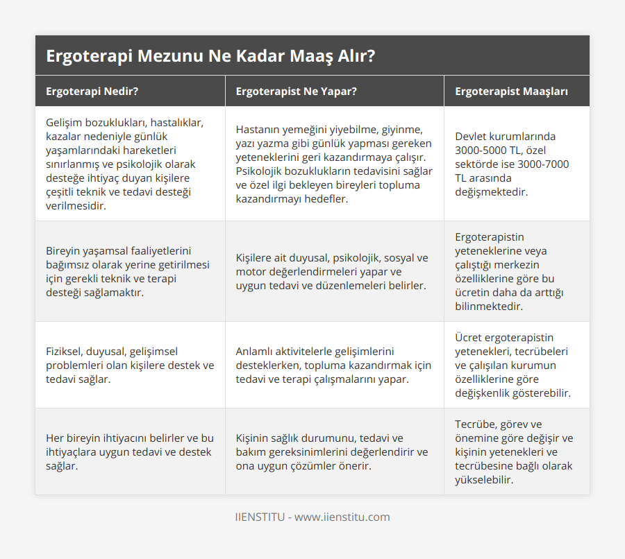 Gelişim bozuklukları, hastalıklar, kazalar nedeniyle günlük yaşamlarındaki hareketleri sınırlanmış ve psikolojik olarak desteğe ihtiyaç duyan kişilere çeşitli teknik ve tedavi desteği verilmesidir, Hastanın yemeğini yiyebilme, giyinme, yazı yazma gibi günlük yapması gereken yeteneklerini geri kazandırmaya çalışır Psikolojik bozuklukların tedavisini sağlar ve özel ilgi bekleyen bireyleri topluma kazandırmayı hedefler, Devlet kurumlarında 3000-5000 TL, özel sektörde ise 3000-7000 TL arasında değişmektedir, Bireyin yaşamsal faaliyetlerini bağımsız olarak yerine getirilmesi için gerekli teknik ve terapi desteği sağlamaktır, Kişilere ait duyusal, psikolojik, sosyal ve motor değerlendirmeleri yapar ve uygun tedavi ve düzenlemeleri belirler, Ergoterapistin yeteneklerine veya çalıştığı merkezin özelliklerine göre bu ücretin daha da arttığı bilinmektedir, Fiziksel, duyusal, gelişimsel problemleri olan kişilere destek ve tedavi sağlar, Anlamlı aktivitelerle gelişimlerini desteklerken, topluma kazandırmak için tedavi ve terapi çalışmalarını yapar, Ücret ergoterapistin yetenekleri, tecrübeleri ve çalışılan kurumun özelliklerine göre değişkenlik gösterebilir, Her bireyin ihtiyacını belirler ve bu ihtiyaçlara uygun tedavi ve destek sağlar, Kişinin sağlık durumunu, tedavi ve bakım gereksinimlerini değerlendirir ve ona uygun çözümler önerir, Tecrübe, görev ve önemine göre değişir ve kişinin yetenekleri ve tecrübesine bağlı olarak yükselebilir