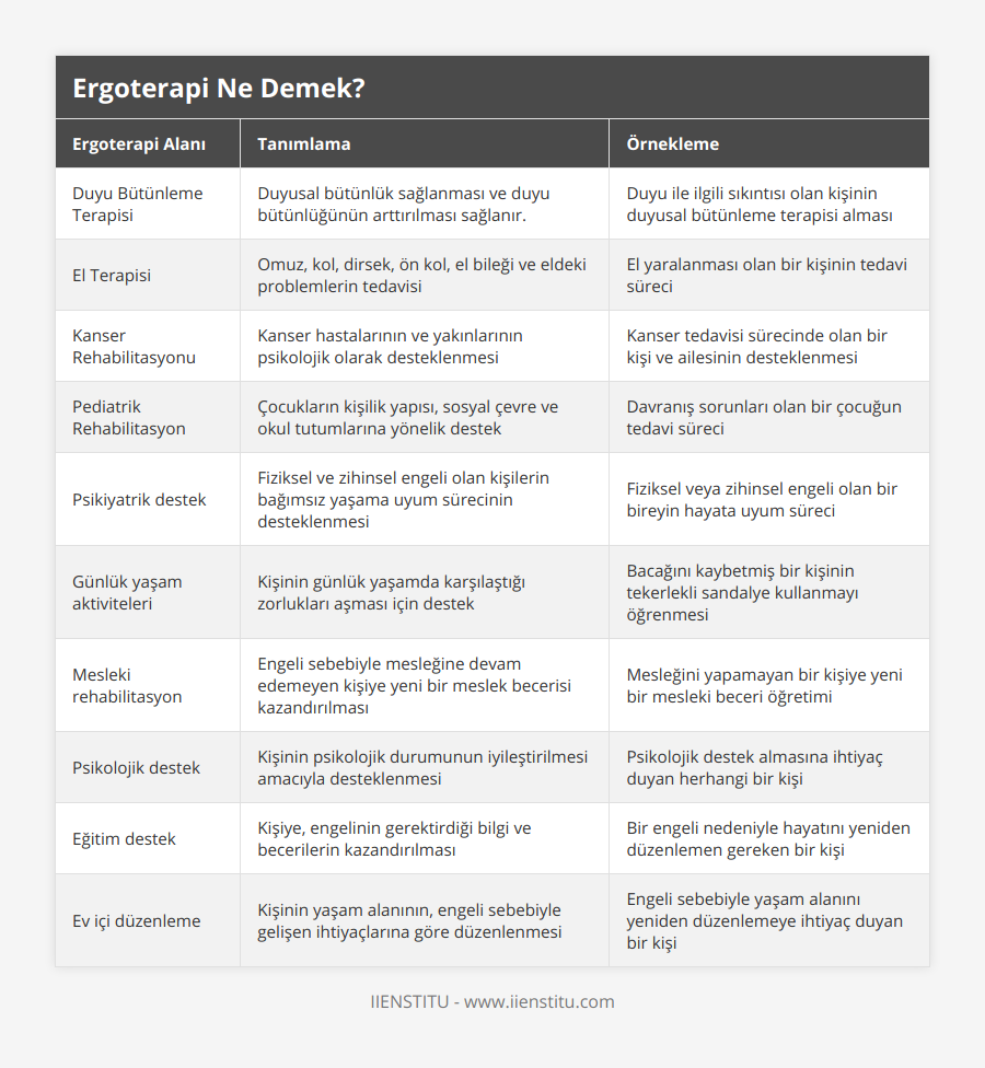 Duyu Bütünleme Terapisi, Duyusal bütünlük sağlanması ve duyu bütünlüğünün arttırılması sağlanır, Duyu ile ilgili sıkıntısı olan kişinin duyusal bütünleme terapisi alması, El Terapisi, Omuz, kol, dirsek, ön kol, el bileği ve eldeki problemlerin tedavisi, El yaralanması olan bir kişinin tedavi süreci, Kanser Rehabilitasyonu, Kanser hastalarının ve yakınlarının psikolojik olarak desteklenmesi, Kanser tedavisi sürecinde olan bir kişi ve ailesinin desteklenmesi, Pediatrik Rehabilitasyon, Çocukların kişilik yapısı, sosyal çevre ve okul tutumlarına yönelik destek, Davranış sorunları olan bir çocuğun tedavi süreci, Psikiyatrik destek, Fiziksel ve zihinsel engeli olan kişilerin bağımsız yaşama uyum sürecinin desteklenmesi, Fiziksel veya zihinsel engeli olan bir bireyin hayata uyum süreci, Günlük yaşam aktiviteleri, Kişinin günlük yaşamda karşılaştığı zorlukları aşması için destek, Bacağını kaybetmiş bir kişinin tekerlekli sandalye kullanmayı öğrenmesi, Mesleki rehabilitasyon, Engeli sebebiyle mesleğine devam edemeyen kişiye yeni bir meslek becerisi kazandırılması, Mesleğini yapamayan bir kişiye yeni bir mesleki beceri öğretimi, Psikolojik destek, Kişinin psikolojik durumunun iyileştirilmesi amacıyla desteklenmesi, Psikolojik destek almasına ihtiyaç duyan herhangi bir kişi, Eğitim destek, Kişiye, engelinin gerektirdiği bilgi ve becerilerin kazandırılması, Bir engeli nedeniyle hayatını yeniden düzenlemen gereken bir kişi, Ev içi düzenleme, Kişinin yaşam alanının, engeli sebebiyle gelişen ihtiyaçlarına göre düzenlenmesi, Engeli sebebiyle yaşam alanını yeniden düzenlemeye ihtiyaç duyan bir kişi