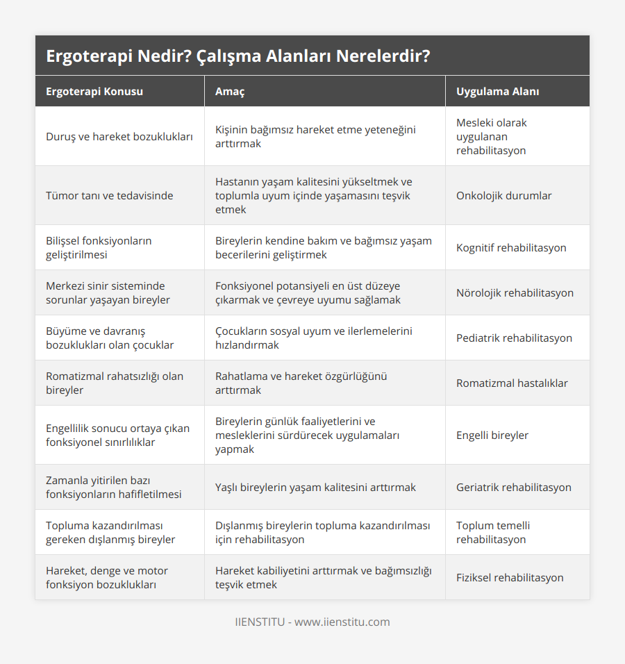 Duruş ve hareket bozuklukları, Kişinin bağımsız hareket etme yeteneğini arttırmak, Mesleki olarak uygulanan rehabilitasyon, Tümor tanı ve tedavisinde, Hastanın yaşam kalitesini yükseltmek ve toplumla uyum içinde yaşamasını teşvik etmek, Onkolojik durumlar, Bilişsel fonksiyonların geliştirilmesi, Bireylerin kendine bakım ve bağımsız yaşam becerilerini geliştirmek, Kognitif rehabilitasyon, Merkezi sinir sisteminde sorunlar yaşayan bireyler, Fonksiyonel potansiyeli en üst düzeye çıkarmak ve çevreye uyumu sağlamak, Nörolojik rehabilitasyon, Büyüme ve davranış bozuklukları olan çocuklar, Çocukların sosyal uyum ve ilerlemelerini hızlandırmak, Pediatrik rehabilitasyon, Romatizmal rahatsızlığı olan bireyler, Rahatlama ve hareket özgürlüğünü arttırmak, Romatizmal hastalıklar, Engellilik sonucu ortaya çıkan fonksiyonel sınırlılıklar, Bireylerin günlük faaliyetlerini ve mesleklerini sürdürecek uygulamaları yapmak, Engelli bireyler, Zamanla yitirilen bazı fonksiyonların hafifletilmesi, Yaşlı bireylerin yaşam kalitesini arttırmak, Geriatrik rehabilitasyon, Topluma kazandırılması gereken dışlanmış bireyler, Dışlanmış bireylerin topluma kazandırılması için rehabilitasyon, Toplum temelli rehabilitasyon, Hareket, denge ve motor fonksiyon bozuklukları, Hareket kabiliyetini arttırmak ve bağımsızlığı teşvik etmek, Fiziksel rehabilitasyon