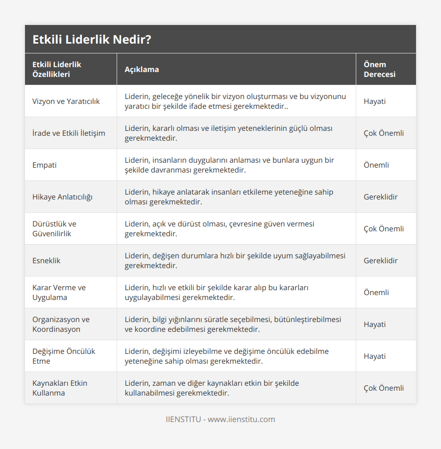 Vizyon ve Yaratıcılık, Liderin, geleceğe yönelik bir vizyon oluşturması ve bu vizyonunu yaratıcı bir şekilde ifade etmesi gerekmektedir, Hayati, İrade ve Etkili İletişim, Liderin, kararlı olması ve iletişim yeteneklerinin güçlü olması gerekmektedir, Çok Önemli, Empati, Liderin, insanların duygularını anlaması ve bunlara uygun bir şekilde davranması gerekmektedir, Önemli, Hikaye Anlatıcılığı, Liderin, hikaye anlatarak insanları etkileme yeteneğine sahip olması gerekmektedir, Gereklidir, Dürüstlük ve Güvenilirlik, Liderin, açık ve dürüst olması, çevresine güven vermesi gerekmektedir, Çok Önemli, Esneklik, Liderin, değişen durumlara hızlı bir şekilde uyum sağlayabilmesi gerekmektedir, Gereklidir, Karar Verme ve Uygulama, Liderin, hızlı ve etkili bir şekilde karar alıp bu kararları uygulayabilmesi gerekmektedir, Önemli, Organizasyon ve Koordinasyon, Liderin, bilgi yığınlarını süratle seçebilmesi, bütünleştirebilmesi ve koordine edebilmesi gerekmektedir, Hayati, Değişime Öncülük Etme, Liderin, değişimi izleyebilme ve değişime öncülük edebilme yeteneğine sahip olması gerekmektedir, Hayati, Kaynakları Etkin Kullanma, Liderin, zaman ve diğer kaynakları etkin bir şekilde kullanabilmesi gerekmektedir, Çok Önemli
