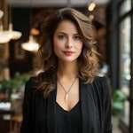 Bu, dengeli ve kendinden emin bir görünüme sahip bir kadının portresidir. Orta uzunlukta, dalgalı kumral saçları ve hafif bir gülümsemesi var. Makyajı zevkle yapılmış, dolgun dudakları ve yumuşak, kahverengi gözleri vurgulanmış. Kıyafetine sofistike bir hava katan derin V yakalı klasik siyah bir bluz giyiyor. Boynundaki narin zincirde yaprak ya da tüye benzeyen bir kolye ucu şıklık katıyor. Ortam, şık sarkıt aydınlatma armatürlerine sahip iyi aydınlatılmış bir kafe veya restoran gibi görünüyor ve pencereler dışarıda kentsel bir ortam olduğunu gösteriyor. Kadının duruşu ve yüzündeki ışık, samimi bir çekimden ziyade profesyonel bir ortama ya da planlanmış bir portreye işaret ediyor.