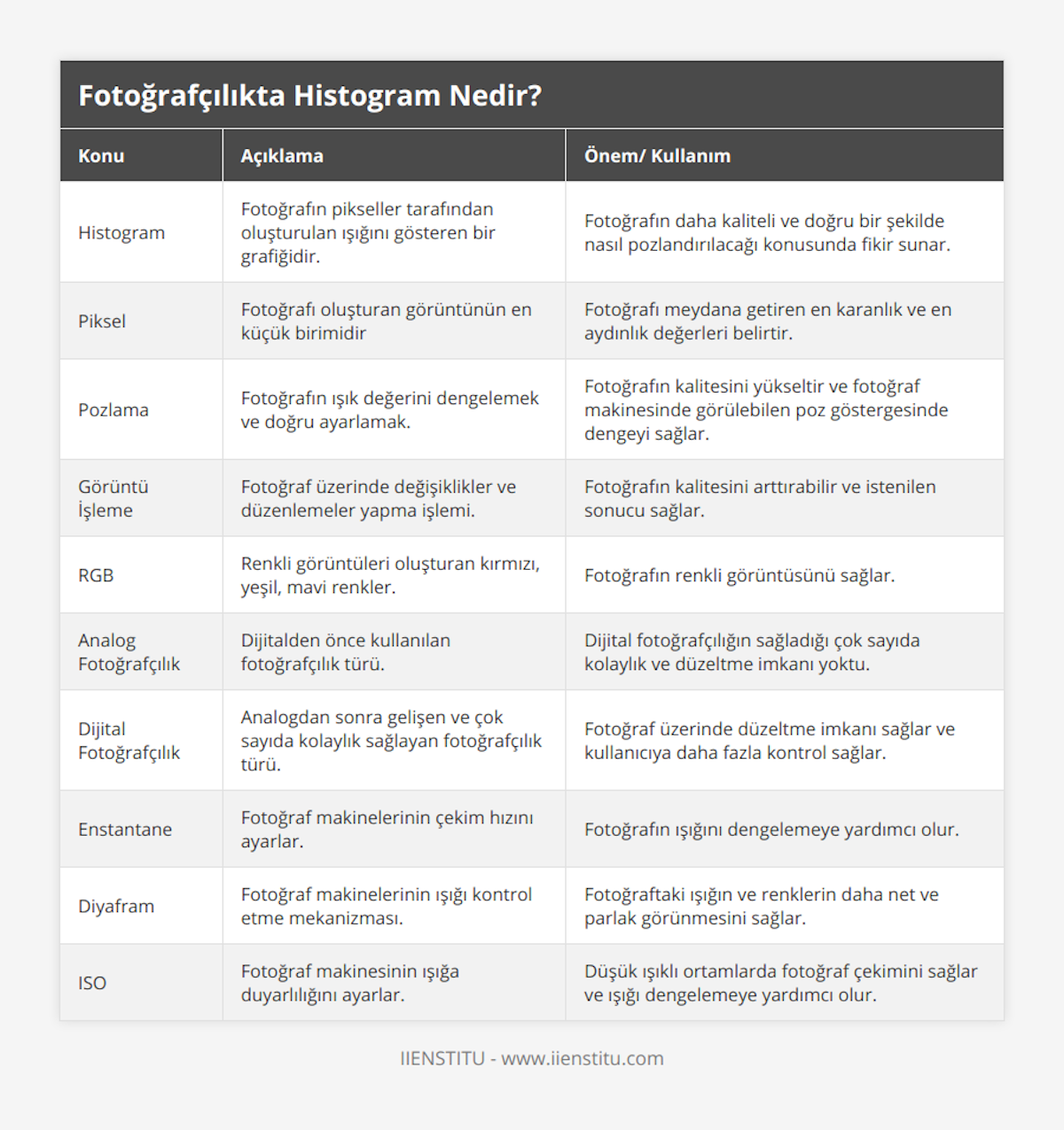Histogram, Fotoğrafın pikseller tarafından oluşturulan ışığını gösteren bir grafiğidir, Fotoğrafın daha kaliteli ve doğru bir şekilde nasıl pozlandırılacağı konusunda fikir sunar, Piksel, Fotoğrafı oluşturan görüntünün en küçük birimidir, Fotoğrafı meydana getiren en karanlık ve en aydınlık değerleri belirtir, Pozlama, Fotoğrafın ışık değerini dengelemek ve doğru ayarlamak, Fotoğrafın kalitesini yükseltir ve fotoğraf makinesinde görülebilen poz göstergesinde dengeyi sağlar, Görüntü İşleme, Fotoğraf üzerinde değişiklikler ve düzenlemeler yapma işlemi, Fotoğrafın kalitesini arttırabilir ve istenilen sonucu sağlar, RGB, Renkli görüntüleri oluşturan kırmızı, yeşil, mavi renkler, Fotoğrafın renkli görüntüsünü sağlar, Analog Fotoğrafçılık, Dijitalden önce kullanılan fotoğrafçılık türü, Dijital fotoğrafçılığın sağladığı çok sayıda kolaylık ve düzeltme imkanı yoktu, Dijital Fotoğrafçılık, Analogdan sonra gelişen ve çok sayıda kolaylık sağlayan fotoğrafçılık türü, Fotoğraf üzerinde düzeltme imkanı sağlar ve kullanıcıya daha fazla kontrol sağlar, Enstantane, Fotoğraf makinelerinin çekim hızını ayarlar, Fotoğrafın ışığını dengelemeye yardımcı olur, Diyafram, Fotoğraf makinelerinin ışığı kontrol etme mekanizması, Fotoğraftaki ışığın ve renklerin daha net ve parlak görünmesini sağlar, ISO, Fotoğraf makinesinin ışığa duyarlılığını ayarlar, Düşük ışıklı ortamlarda fotoğraf çekimini sağlar ve ışığı dengelemeye yardımcı olur
