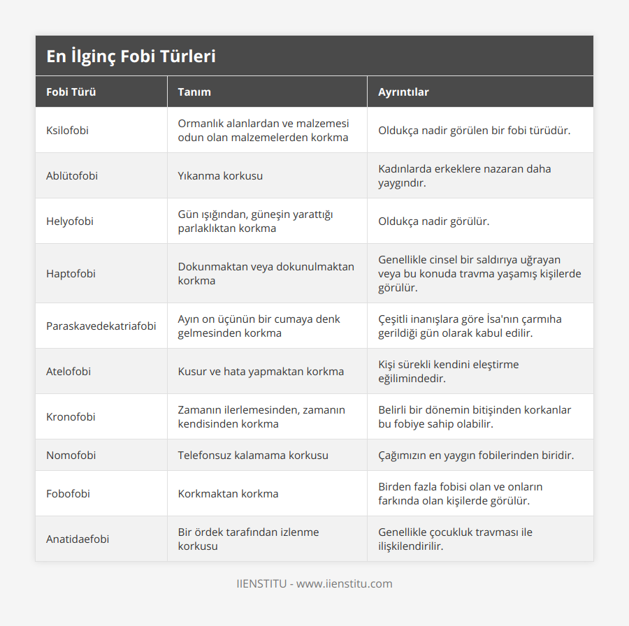 Ksilofobi, Ormanlık alanlardan ve malzemesi odun olan malzemelerden korkma, Oldukça nadir görülen bir fobi türüdür, Ablütofobi, Yıkanma korkusu, Kadınlarda erkeklere nazaran daha yaygındır, Helyofobi, Gün ışığından, güneşin yarattığı parlaklıktan korkma, Oldukça nadir görülür, Haptofobi, Dokunmaktan veya dokunulmaktan korkma, Genellikle cinsel bir saldırıya uğrayan veya bu konuda travma yaşamış kişilerde görülür, Paraskavedekatriafobi, Ayın on üçünün bir cumaya denk gelmesinden korkma, Çeşitli inanışlara göre İsa'nın çarmıha gerildiği gün olarak kabul edilir, Atelofobi, Kusur ve hata yapmaktan korkma, Kişi sürekli kendini eleştirme eğilimindedir, Kronofobi, Zamanın ilerlemesinden, zamanın kendisinden korkma, Belirli bir dönemin bitişinden korkanlar bu fobiye sahip olabilir, Nomofobi, Telefonsuz kalamama korkusu, Çağımızın en yaygın fobilerinden biridir, Fobofobi, Korkmaktan korkma, Birden fazla fobisi olan ve onların farkında olan kişilerde görülür, Anatidaefobi, Bir ördek tarafından izlenme korkusu, Genellikle çocukluk travması ile ilişkilendirilir