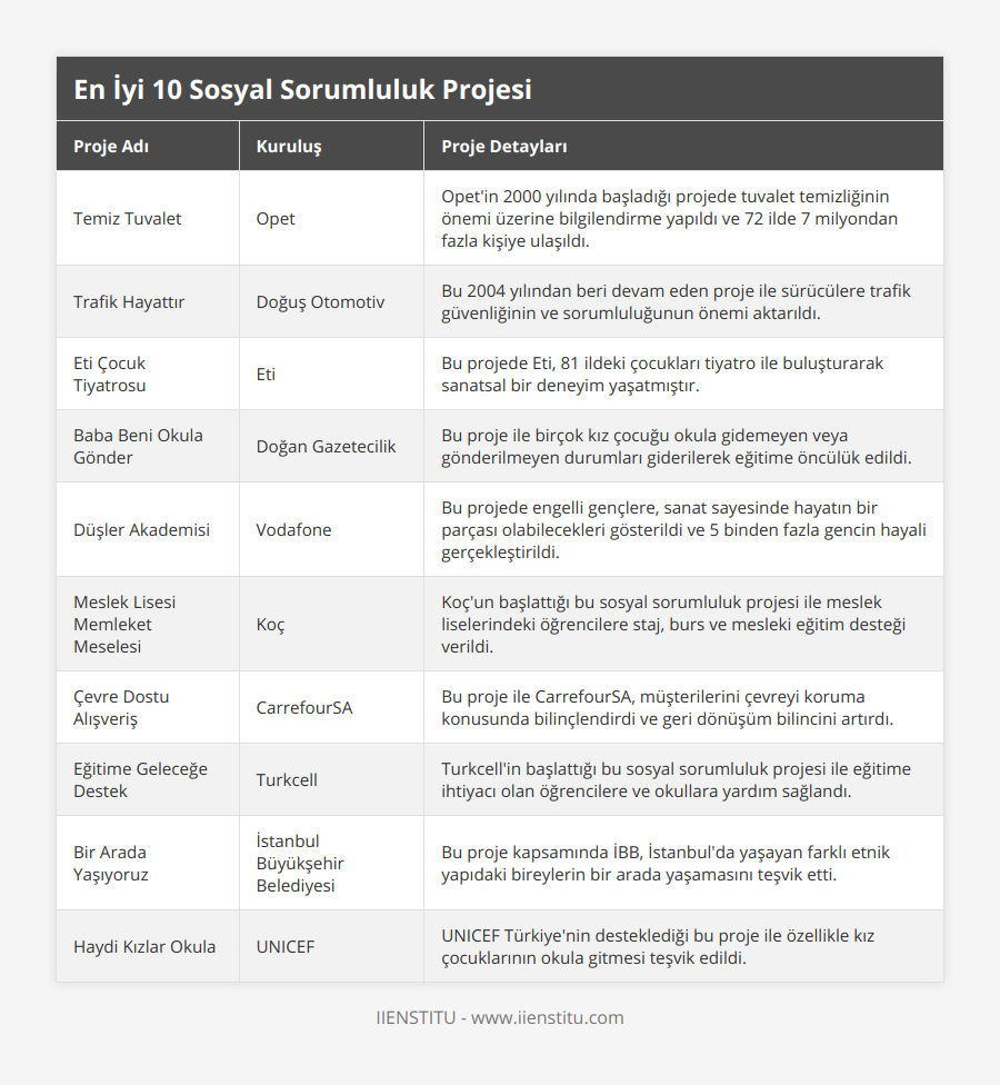 Temiz Tuvalet, Opet, Opet'in 2000 yılında başladığı projede tuvalet temizliğinin önemi üzerine bilgilendirme yapıldı ve 72 ilde 7 milyondan fazla kişiye ulaşıldı, Trafik Hayattır, Doğuş Otomotiv, Bu 2004 yılından beri devam eden proje ile sürücülere trafik güvenliğinin ve sorumluluğunun önemi aktarıldı, Eti Çocuk Tiyatrosu, Eti, Bu projede Eti, 81 ildeki çocukları tiyatro ile buluşturarak sanatsal bir deneyim yaşatmıştır, Baba Beni Okula Gönder, Doğan Gazetecilik, Bu proje ile birçok kız çocuğu okula gidemeyen veya gönderilmeyen durumları giderilerek eğitime öncülük edildi, Düşler Akademisi, Vodafone, Bu projede engelli gençlere, sanat sayesinde hayatın bir parçası olabilecekleri gösterildi ve 5 binden fazla gencin hayali gerçekleştirildi, Meslek Lisesi Memleket Meselesi, Koç, Koç'un başlattığı bu sosyal sorumluluk projesi ile meslek liselerindeki öğrencilere staj, burs ve mesleki eğitim desteği verildi, Çevre Dostu Alışveriş, CarrefourSA, Bu proje ile CarrefourSA, müşterilerini çevreyi koruma konusunda bilinçlendirdi ve geri dönüşüm bilincini artırdı, Eğitime Geleceğe Destek, Turkcell, Turkcell'in başlattığı bu sosyal sorumluluk projesi ile eğitime ihtiyacı olan öğrencilere ve okullara yardım sağlandı, Bir Arada Yaşıyoruz, İstanbul Büyükşehir Belediyesi, Bu proje kapsamında İBB, İstanbul'da yaşayan farklı etnik yapıdaki bireylerin bir arada yaşamasını teşvik etti, Haydi Kızlar Okula, UNICEF, UNICEF Türkiye'nin desteklediği bu proje ile özellikle kız çocuklarının okula gitmesi teşvik edildi