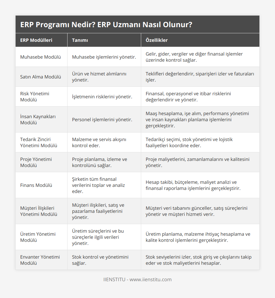 Muhasebe Modülü, Muhasebe işlemlerini yönetir, Gelir, gider, vergiler ve diğer finansal işlemler üzerinde kontrol sağlar, Satın Alma Modülü, Ürün ve hizmet alımlarını yönetir, Teklifleri değerlendirir, siparişleri izler ve faturaları işler, Risk Yönetimi Modülü, İşletmenin risklerini yönetir, Finansal, operasyonel ve itibar risklerini değerlendirir ve yönetir, İnsan Kaynakları Modülü, Personel işlemlerini yönetir, Maaş hesaplama, işe alım, performans yönetimi ve insan kaynakları planlama işlemlerini gerçekleştirir, Tedarik Zinciri Yönetimi Modülü, Malzeme ve servis akışını kontrol eder, Tedarikçi seçimi, stok yönetimi ve lojistik faaliyetleri koordine eder, Proje Yönetimi Modülü, Proje planlama, izleme ve kontrolünü sağlar, Proje maliyetlerini, zamanlamalarını ve kalitesini yönetir, Finans Modülü, Şirketin tüm finansal verilerini toplar ve analiz eder, Hesap takibi, bütçeleme, maliyet analizi ve finansal raporlama işlemlerini gerçekleştirir, Müşteri İlişkileri Yönetimi Modülü, Müşteri ilişkileri, satış ve pazarlama faaliyetlerini yönetir, Müşteri veri tabanını günceller, satış süreçlerini yönetir ve müşteri hizmeti verir, Üretim Yönetimi Modülü, Üretim süreçlerini ve bu süreçlerle ilgili verileri yönetir, Üretim planlama, malzeme ihtiyaç hesaplama ve kalite kontrol işlemlerini gerçekleştirir, Envanter Yönetimi Modülü, Stok kontrol ve yönetimini sağlar, Stok seviyelerini izler, stok giriş ve çıkışlarını takip eder ve stok maliyetlerini hesaplar