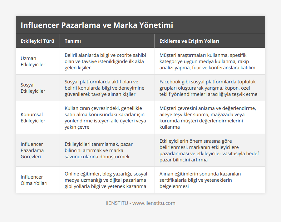 Uzman Etkileyiciler, Belirli alanlarda bilgi ve otorite sahibi olan ve tavsiye istenildiğinde ilk akla gelen kişiler, Müşteri araştırmaları kullanma, spesifik kategoriye uygun medya kullanma, rakip analizi yapma, fuar ve konferanslara katılım, Sosyal Etkileyiciler, Sosyal platformlarda aktif olan ve belirli konularda bilgi ve deneyimine güvenilerek tavsiye alınan kişiler, Facebook gibi sosyal platformlarda topluluk grupları oluşturarak yarışma, kupon, özel teklif yönlendirmeleri aracılığıyla teşvik etme, Konumsal Etkileyiciler, Kullanıcının çevresindeki, genellikle satın alma konusundaki kararlar için yönlendirme isteyen aile üyeleri veya yakın çevre, Müşteri çevresini anlama ve değerlendirme, aileye teşvikler sunma, mağazada veya kurumda müşteri değerlendirmelerini kullanma, Influencer Pazarlama Görevleri, Etkileyicileri tanımlamak, pazar bilincini artırmak ve marka savunucularına dönüştürmek, Etkileyicilerin önem sırasına göre belirlenmesi, markanın etkileyicilere pazarlanması ve etkileyiciler vasıtasıyla hedef pazar bilincini artırma, Influencer Olma Yolları, Online eğitimler, blog yazarlığı, sosyal medya uzmanlığı ve dijital pazarlama gibi yollarla bilgi ve yetenek kazanma, Alınan eğitimlerin sonunda kazanılan sertifikalarla bilgi ve yeteneklerin belgelenmesi