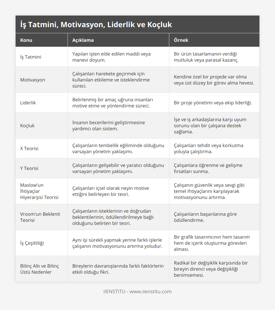 İş Tatmini, Yapılan işten elde edilen maddi veya manevi doyum, Bir ürün tasarlamanın verdiği mutluluk veya parasal kazanç, Motivasyon, Çalışanları harekete geçirmek için kullanılan etkileme ve isteklendirme süreci, Kendine özel bir projede var olma veya üst düzey bir görev alma hevesi, Liderlik, Belirlenmiş bir amaç uğruna insanları motive etme ve yönlendirme süreci, Bir proje yönetimi veya ekip liderliği, Koçluk, İnsanın becerilerini geliştirmesine yardımcı olan sistem, İşe ve iş arkadaşlarına karşı uyum sorunu olan bir çalışana destek sağlama, X Teorisi, Çalışanların tembellik eğiliminde olduğunu varsayan yönetim yaklaşımı, Çalışanları tehdit veya korkutma yoluyla çalıştırma, Y Teorisi, Çalışanların gelişebilir ve yaratıcı olduğunu varsayan yönetim yaklaşımı, Çalışanlara öğrenme ve gelişme fırsatları sunma, Maslow'un İhtiyaçlar Hiyerarşisi Teorisi, Çalışanları içsel olarak neyin motive ettiğini belirleyen bir teori, Çalışanın güvenlik veya sevgi gibi temel ihtiyaçlarını karşılayarak motivasyonunu artırma, Vroom'un Beklenti Teorisi, Çalışanların isteklerinin ve doğrudan beklentilerinin, ödüllendirilmeye bağlı olduğunu belirten bir teori, Çalışanların başarılarına göre ödüllendirme, İş Çeşitliliği, Aynı işi sürekli yapmak yerine farklı işlerle çalışanın motivasyonunu artırma yoludur, Bir grafik tasarımcının hem tasarım hem de içerik oluşturma görevleri alması, Bilinç Altı ve Bilinç Üstü Nedenler, Bireylerin davranışlarında farklı faktörlerin etkili olduğu fikri, Radikal bir değişiklik karşısında bir bireyin direnci veya değişikliği benimsemesi