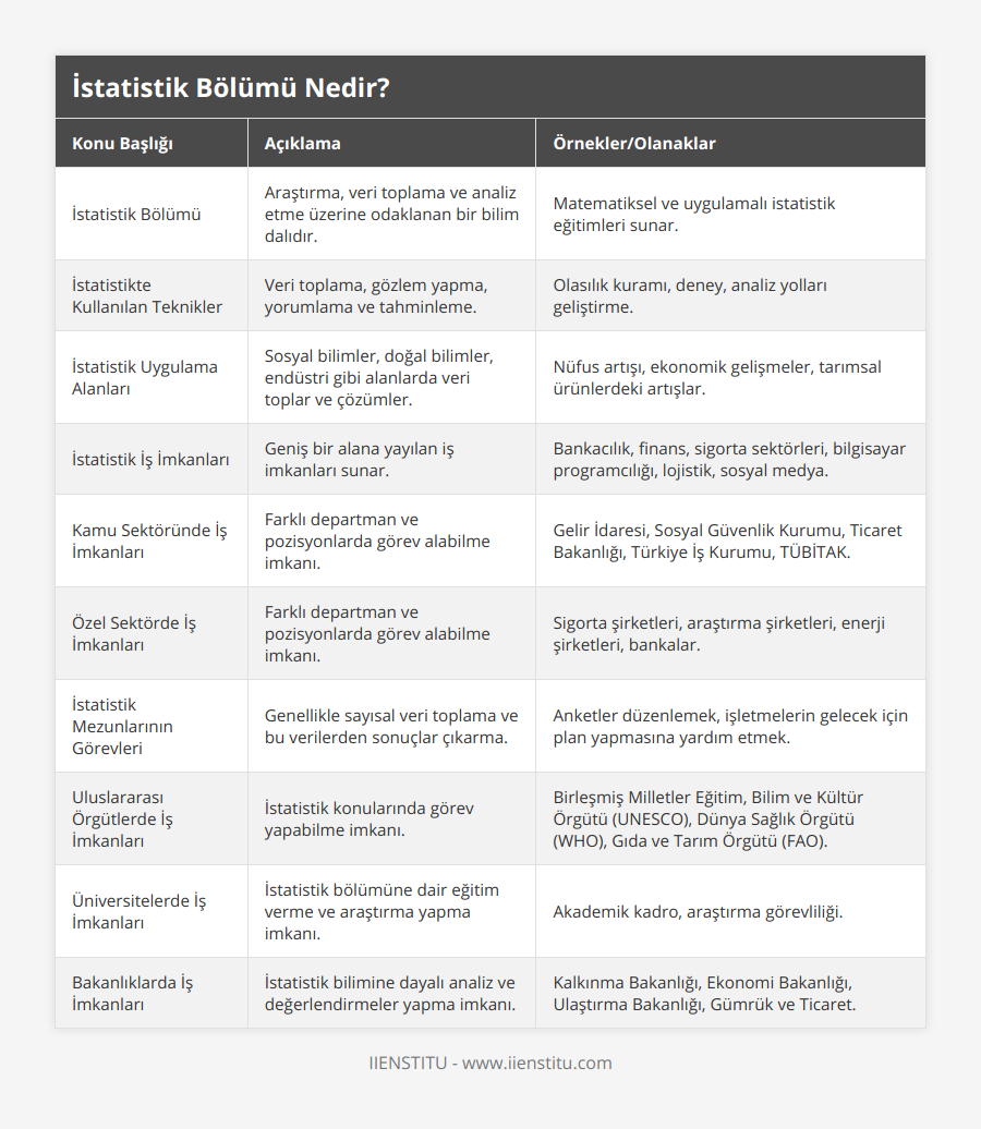 İstatistik Bölümü, Araştırma, veri toplama ve analiz etme üzerine odaklanan bir bilim dalıdır, Matematiksel ve uygulamalı istatistik eğitimleri sunar, İstatistikte Kullanılan Teknikler, Veri toplama, gözlem yapma, yorumlama ve tahminleme, Olasılık kuramı, deney, analiz yolları geliştirme, İstatistik Uygulama Alanları, Sosyal bilimler, doğal bilimler, endüstri gibi alanlarda veri toplar ve çözümler, Nüfus artışı, ekonomik gelişmeler, tarımsal ürünlerdeki artışlar, İstatistik İş İmkanları, Geniş bir alana yayılan iş imkanları sunar, Bankacılık, finans, sigorta sektörleri, bilgisayar programcılığı, lojistik, sosyal medya, Kamu Sektöründe İş İmkanları, Farklı departman ve pozisyonlarda görev alabilme imkanı, Gelir İdaresi, Sosyal Güvenlik Kurumu, Ticaret Bakanlığı, Türkiye İş Kurumu, TÜBİTAK, Özel Sektörde İş İmkanları, Farklı departman ve pozisyonlarda görev alabilme imkanı, Sigorta şirketleri, araştırma şirketleri, enerji şirketleri, bankalar, İstatistik Mezunlarının Görevleri, Genellikle sayısal veri toplama ve bu verilerden sonuçlar çıkarma, Anketler düzenlemek, işletmelerin gelecek için plan yapmasına yardım etmek, Uluslararası Örgütlerde İş İmkanları, İstatistik konularında görev yapabilme imkanı, Birleşmiş Milletler Eğitim, Bilim ve Kültür Örgütü (UNESCO), Dünya Sağlık Örgütü (WHO), Gıda ve Tarım Örgütü (FAO), Üniversitelerde İş İmkanları, İstatistik bölümüne dair eğitim verme ve araştırma yapma imkanı, Akademik kadro, araştırma görevliliği, Bakanlıklarda İş İmkanları, İstatistik bilimine dayalı analiz ve değerlendirmeler yapma imkanı, Kalkınma Bakanlığı, Ekonomi Bakanlığı, Ulaştırma Bakanlığı, Gümrük ve Ticaret