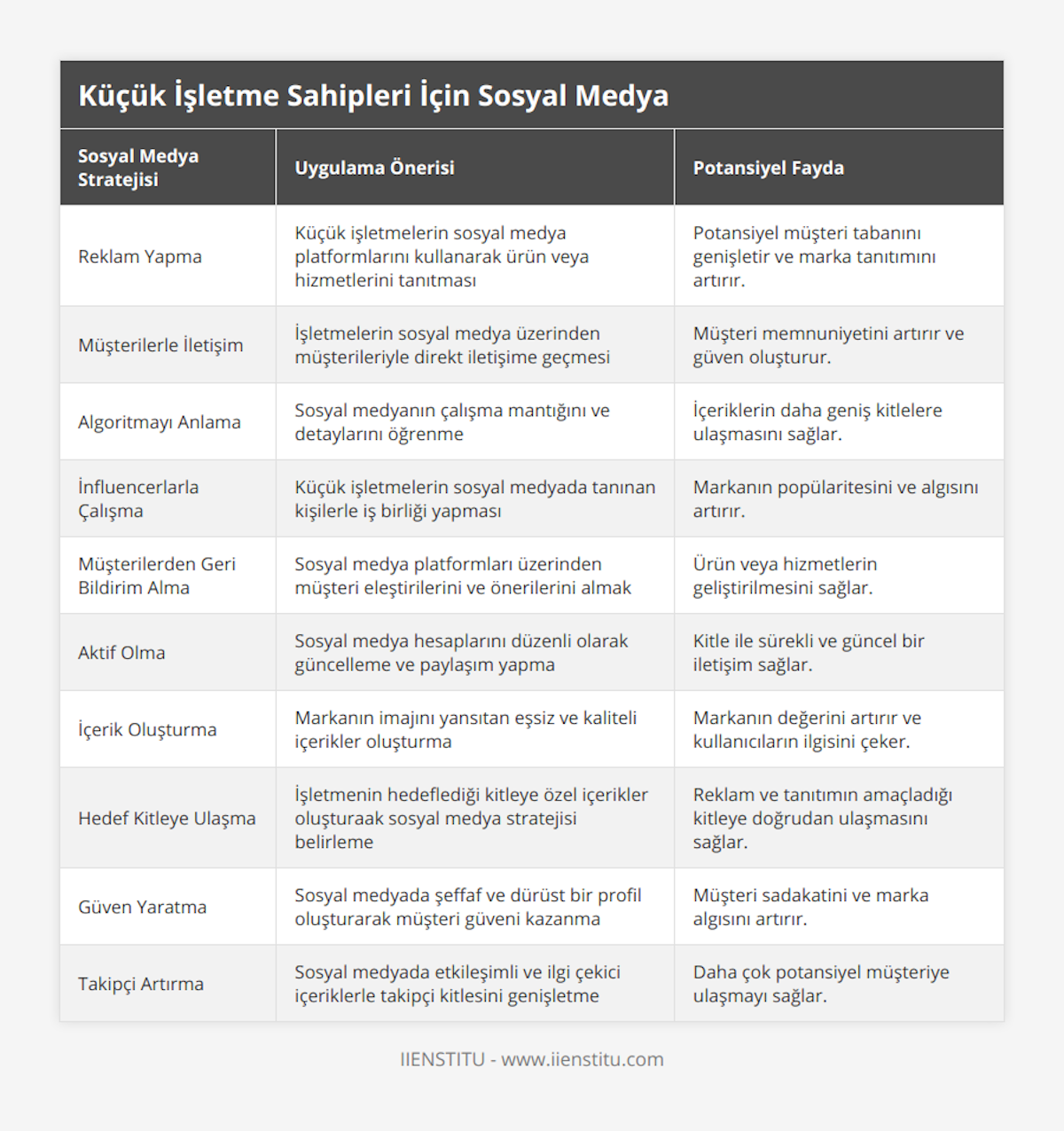Reklam Yapma, Küçük işletmelerin sosyal medya platformlarını kullanarak ürün veya hizmetlerini tanıtması, Potansiyel müşteri tabanını genişletir ve marka tanıtımını artırır, Müşterilerle İletişim, İşletmelerin sosyal medya üzerinden müşterileriyle direkt iletişime geçmesi, Müşteri memnuniyetini artırır ve güven oluşturur, Algoritmayı Anlama, Sosyal medyanın çalışma mantığını ve detaylarını öğrenme, İçeriklerin daha geniş kitlelere ulaşmasını sağlar, İnfluencerlarla Çalışma, Küçük işletmelerin sosyal medyada tanınan kişilerle iş birliği yapması, Markanın popülaritesini ve algısını artırır, Müşterilerden Geri Bildirim Alma, Sosyal medya platformları üzerinden müşteri eleştirilerini ve önerilerini almak, Ürün veya hizmetlerin geliştirilmesini sağlar, Aktif Olma, Sosyal medya hesaplarını düzenli olarak güncelleme ve paylaşım yapma, Kitle ile sürekli ve güncel bir iletişim sağlar, İçerik Oluşturma, Markanın imajını yansıtan eşsiz ve kaliteli içerikler oluşturma, Markanın değerini artırır ve kullanıcıların ilgisini çeker, Hedef Kitleye Ulaşma, İşletmenin hedeflediği kitleye özel içerikler oluşturaak sosyal medya stratejisi belirleme, Reklam ve tanıtımın amaçladığı kitleye doğrudan ulaşmasını sağlar, Güven Yaratma, Sosyal medyada şeffaf ve dürüst bir profil oluşturarak müşteri güveni kazanma, Müşteri sadakatini ve marka algısını artırır, Takipçi Artırma, Sosyal medyada etkileşimli ve ilgi çekici içeriklerle takipçi kitlesini genişletme, Daha çok potansiyel müşteriye ulaşmayı sağlar