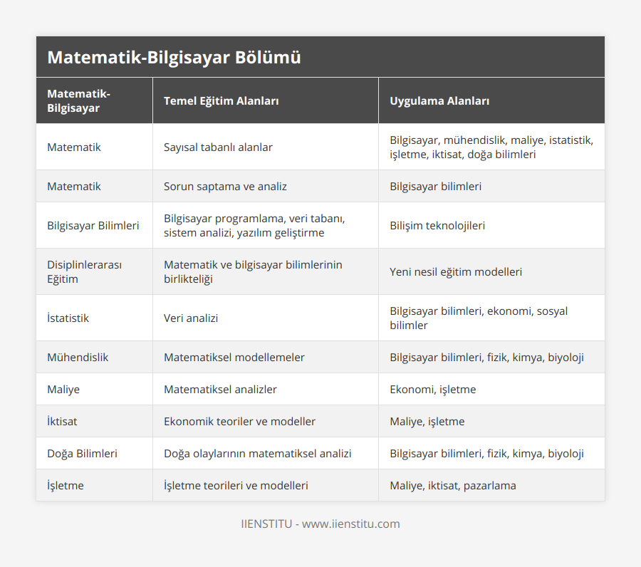 Matematik, Sayısal tabanlı alanlar, Bilgisayar, mühendislik, maliye, istatistik, işletme, iktisat, doğa bilimleri, Matematik, Sorun saptama ve analiz, Bilgisayar bilimleri, Bilgisayar Bilimleri, Bilgisayar programlama, veri tabanı, sistem analizi, yazılım geliştirme, Bilişim teknolojileri, Disiplinlerarası Eğitim, Matematik ve bilgisayar bilimlerinin birlikteliği, Yeni nesil eğitim modelleri, İstatistik, Veri analizi, Bilgisayar bilimleri, ekonomi, sosyal bilimler, Mühendislik, Matematiksel modellemeler, Bilgisayar bilimleri, fizik, kimya, biyoloji, Maliye, Matematiksel analizler, Ekonomi, işletme, İktisat, Ekonomik teoriler ve modeller, Maliye, işletme, Doğa Bilimleri, Doğa olaylarının matematiksel analizi, Bilgisayar bilimleri, fizik, kimya, biyoloji, İşletme, İşletme teorileri ve modelleri, Maliye, iktisat, pazarlama