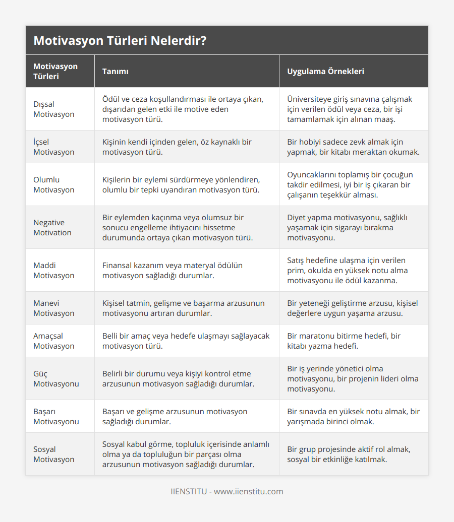 Dışsal Motivasyon, Ödül ve ceza koşullandırması ile ortaya çıkan, dışarıdan gelen etki ile motive eden motivasyon türü, Üniversiteye giriş sınavına çalışmak için verilen ödül veya ceza, bir işi tamamlamak için alınan maaş, İçsel Motivasyon, Kişinin kendi içinden gelen, öz kaynaklı bir motivasyon türü, Bir hobiyi sadece zevk almak için yapmak, bir kitabı meraktan okumak, Olumlu Motivasyon, Kişilerin bir eylemi sürdürmeye yönlendiren, olumlu bir tepki uyandıran motivasyon türü, Oyuncaklarını toplamış bir çocuğun takdir edilmesi, iyi bir iş çıkaran bir çalışanın teşekkür alması, Negative Motivation, Bir eylemden kaçınma veya olumsuz bir sonucu engelleme ihtiyacını hissetme durumunda ortaya çıkan motivasyon türü, Diyet yapma motivasyonu, sağlıklı yaşamak için sigarayı bırakma motivasyonu, Maddi Motivasyon, Finansal kazanım veya materyal ödülün motivasyon sağladığı durumlar, Satış hedefine ulaşma için verilen prim, okulda en yüksek notu alma motivasyonu ile ödül kazanma, Manevi Motivasyon, Kişisel tatmin, gelişme ve başarma arzusunun motivasyonu artıran durumlar, Bir yeteneği geliştirme arzusu, kişisel değerlere uygun yaşama arzusu, Amaçsal Motivasyon, Belli bir amaç veya hedefe ulaşmayı sağlayacak motivasyon türü, Bir maratonu bitirme hedefi, bir kitabı yazma hedefi, Güç Motivasyonu, Belirli bir durumu veya kişiyi kontrol etme arzusunun motivasyon sağladığı durumlar, Bir iş yerinde yönetici olma motivasyonu, bir projenin lideri olma motivasyonu, Başarı Motivasyonu, Başarı ve gelişme arzusunun motivasyon sağladığı durumlar, Bir sınavda en yüksek notu almak, bir yarışmada birinci olmak, Sosyal Motivasyon, Sosyal kabul görme, topluluk içerisinde anlamlı olma ya da topluluğun bir parçası olma arzusunun motivasyon sağladığı durumlar, Bir grup projesinde aktif rol almak, sosyal bir etkinliğe katılmak