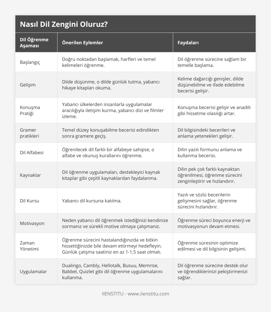 Başlangıç, Doğru noktadan başlamak, harfleri ve temel kelimeleri öğrenme, Dil öğrenme sürecine sağlam bir temelle başlama, Gelişim, Dilde düşünme, o dilde günlük tutma, yabancı hikaye kitapları okuma, Kelime dağarcığı genişler, dilde düşünebilme ve ifade edebilme becerisi gelişir, Konuşma Pratiği, Yabancı ülkelerden insanlarla uygulamalar aracılığıyla iletişim kurma, yabancı dizi ve filmler izleme, Konuşma becerisi gelişir ve anadili gibi hissetme olasılığı artar, Gramer pratikleri, Temel düzey konuşabilme becerisi edindikten sonra gramere geçiş, Dil bilgisindeki becerileri ve anlama yetenekleri gelişir, Dil Alfabesi, Öğrenilecek dil farklı bir alfabeye sahipse, o alfabe ve okunuş kurallarını öğrenme, Dilin yazılı formunu anlama ve kullanma becerisi, Kaynaklar, Dil öğrenme uygulamaları, destekleyici kaynak kitaplar gibi çeşitli kaynaklardan faydalanma, Dilin pek çok farklı kaynaktan öğrenilmesi, öğrenme sürecini zenginleştirir ve hızlandırır, Dil Kursu, Yabancı dil kursuna katılma, Yazılı ve sözlü becerilerin gelişmesini sağlar, öğrenme sürecini hızlandırır, Motivasyon, Neden yabancı dil öğrenmek istediğinizi kendinize sormanız ve sürekli motive olmaya çalışmanız, Öğrenme süreci boyunca enerji ve motivasyonun devam etmesi, Zaman Yönetimi, Öğrenme sürecini hastalandığınızda ve bitkin hissettiğinizde bile devam ettirmeyi hedefleyin Günlük çalışma saatiniz en az 1-1,5 saat olmalı, Öğrenme süresinin optimize edilmesi ve dil bilgisinin gelişimi, Uygulamalar, Dualingo, Cambly, Hellotalk, Busuu, Memrise, Babbel, Quizlet gibi dil öğrenme uygulamalarını kullanma, Dil öğrenme sürecine destek olur ve öğrendiklerinizi pekiştirmenizi sağlar