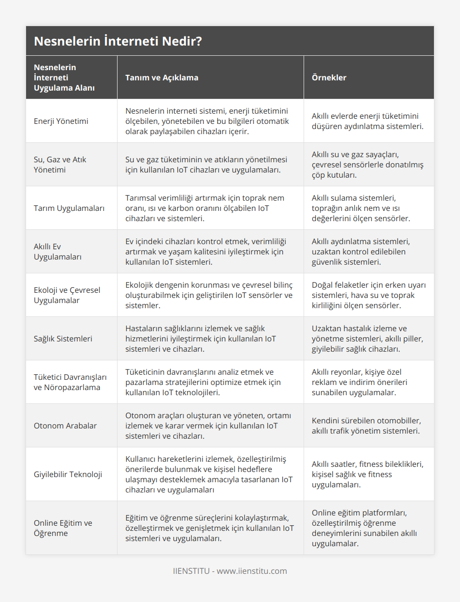 Enerji Yönetimi, Nesnelerin interneti sistemi, enerji tüketimini ölçebilen, yönetebilen ve bu bilgileri otomatik olarak paylaşabilen cihazları içerir, Akıllı evlerde enerji tüketimini düşüren aydınlatma sistemleri, Su, Gaz ve Atık Yönetimi, Su ve gaz tüketiminin ve atıkların yönetilmesi için kullanılan IoT cihazları ve uygulamaları, Akıllı su ve gaz sayaçları, çevresel sensörlerle donatılmış çöp kutuları, Tarım Uygulamaları, Tarımsal verimliliği artırmak için toprak nem oranı, ısı ve karbon oranını ölçabilen IoT cihazları ve sistemleri, Akıllı sulama sistemleri, toprağın anlık nem ve ısı değerlerini ölçen sensörler, Akıllı Ev Uygulamaları, Ev içindeki cihazları kontrol etmek, verimliliği artırmak ve yaşam kalitesini iyileştirmek için kullanılan IoT sistemleri, Akıllı aydınlatma sistemleri, uzaktan kontrol edilebilen güvenlik sistemleri, Ekoloji ve Çevresel Uygulamalar, Ekolojik dengenin korunması ve çevresel bilinç oluşturabilmek için geliştirilen IoT sensörler ve sistemler, Doğal felaketler için erken uyarı sistemleri, hava su ve toprak kirliliğini ölçen sensörler, Sağlık Sistemleri, Hastaların sağlıklarını izlemek ve sağlık hizmetlerini iyileştirmek için kullanılan IoT sistemleri ve cihazları, Uzaktan hastalık izleme ve yönetme sistemleri, akıllı piller, giyilebilir sağlık cihazları, Tüketici Davranışları ve Nöropazarlama, Tüketicinin davranışlarını analiz etmek ve pazarlama stratejilerini optimize etmek için kullanılan IoT teknolojileri, Akıllı reyonlar, kişiye özel reklam ve indirim önerileri sunabilen uygulamalar, Otonom Arabalar, Otonom araçları oluşturan ve yöneten, ortamı izlemek ve karar vermek için kullanılan IoT sistemleri ve cihazları, Kendini sürebilen otomobiller, akıllı trafik yönetim sistemleri, Giyilebilir Teknoloji, Kullanıcı hareketlerini izlemek, özelleştirilmiş önerilerde bulunmak ve kişisel hedeflere ulaşmayı desteklemek amacıyla tasarlanan IoT cihazları ve uygulamaları, Akıllı saatler, fitness bileklikleri, kişisel sağlık ve fitness uygulamaları, Online Eğitim ve Öğrenme, Eğitim ve öğrenme süreçlerini kolaylaştırmak, özelleştirmek ve genişletmek için kullanılan IoT sistemleri ve uygulamaları, Online eğitim platformları, özelleştirilmiş öğrenme deneyimlerini sunabilen akıllı uygulamalar