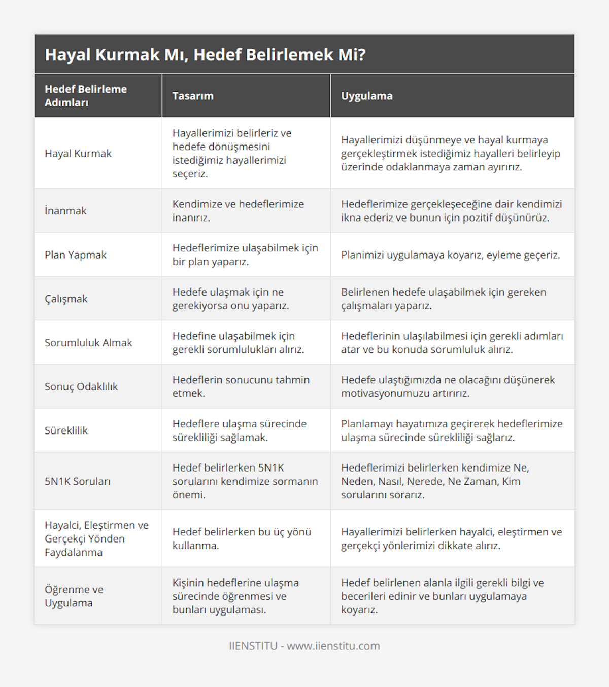 Hayal Kurmak, Hayallerimizi belirleriz ve hedefe dönüşmesini istediğimiz hayallerimizi seçeriz, Hayallerimizi düşünmeye ve hayal kurmaya gerçekleştirmek istediğimiz hayalleri belirleyip üzerinde odaklanmaya zaman ayırırız, İnanmak, Kendimize ve hedeflerimize inanırız, Hedeflerimize gerçekleşeceğine dair kendimizi ikna ederiz ve bunun için pozitif düşünürüz, Plan Yapmak, Hedeflerimize ulaşabilmek için bir plan yaparız, Planimizi uygulamaya koyarız, eyleme geçeriz, Çalışmak, Hedefe ulaşmak için ne gerekiyorsa onu yaparız, Belirlenen hedefe ulaşabilmek için gereken çalışmaları yaparız, Sorumluluk Almak, Hedefine ulaşabilmek için gerekli sorumlulukları alırız, Hedeflerinin ulaşılabilmesi için gerekli adımları atar ve bu konuda sorumluluk alırız, Sonuç Odaklılık, Hedeflerin sonucunu tahmin etmek, Hedefe ulaştığımızda ne olacağını düşünerek motivasyonumuzu artırırız, Süreklilik, Hedeflere ulaşma sürecinde sürekliliği sağlamak, Planlamayı hayatımıza geçirerek hedeflerimize ulaşma sürecinde sürekliliği sağlarız, 5N1K Soruları, Hedef belirlerken 5N1K sorularını kendimize sormanın önemi, Hedeflerimizi belirlerken kendimize Ne, Neden, Nasıl, Nerede, Ne Zaman, Kim sorularını sorarız, Hayalci, Eleştirmen ve Gerçekçi Yönden Faydalanma, Hedef belirlerken bu üç yönü kullanma, Hayallerimizi belirlerken hayalci, eleştirmen ve gerçekçi yönlerimizi dikkate alırız, Öğrenme ve Uygulama, Kişinin hedeflerine ulaşma sürecinde öğrenmesi ve bunları uygulaması, Hedef belirlenen alanla ilgili gerekli bilgi ve becerileri edinir ve bunları uygulamaya koyarız