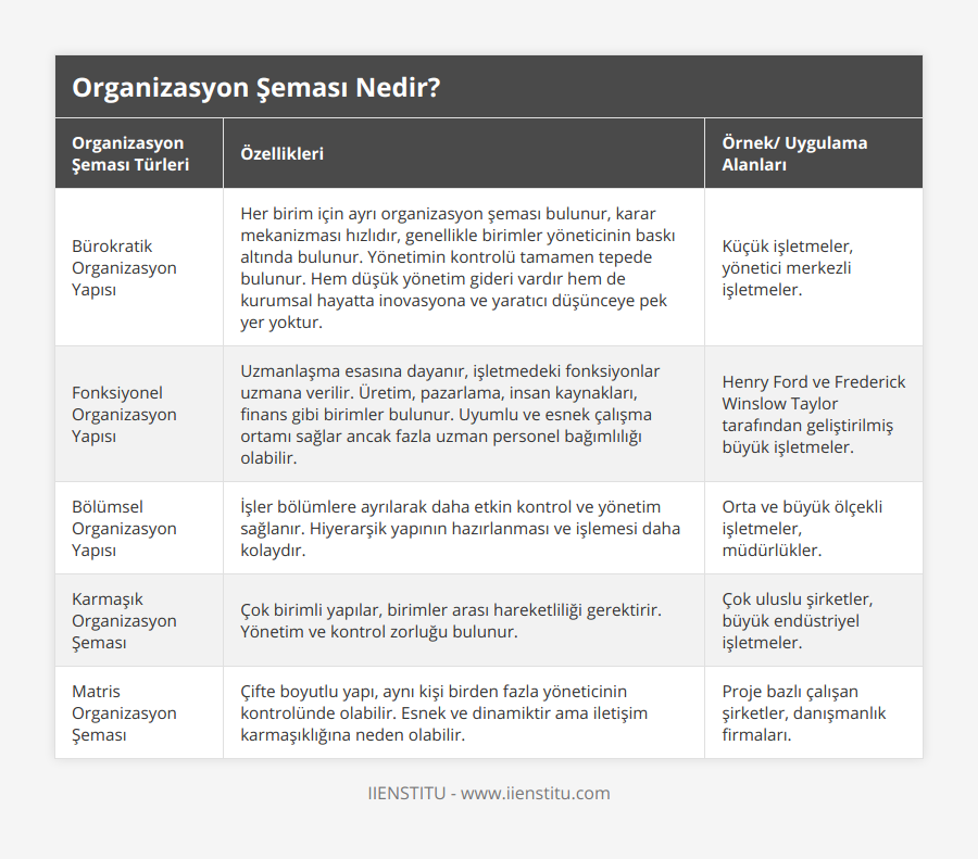 Bürokratik Organizasyon Yapısı, Her birim için ayrı organizasyon şeması bulunur, karar mekanizması hızlıdır, genellikle birimler yöneticinin baskı altında bulunur Yönetimin kontrolü tamamen tepede bulunur Hem düşük yönetim gideri vardır hem de kurumsal hayatta inovasyona ve yaratıcı düşünceye pek yer yoktur, Küçük işletmeler, yönetici merkezli işletmeler, Fonksiyonel Organizasyon Yapısı, Uzmanlaşma esasına dayanır, işletmedeki fonksiyonlar uzmana verilir Üretim, pazarlama, insan kaynakları, finans gibi birimler bulunur Uyumlu ve esnek çalışma ortamı sağlar ancak fazla uzman personel bağımlılığı olabilir, Henry Ford ve Frederick Winslow Taylor tarafından geliştirilmiş büyük işletmeler, Bölümsel Organizasyon Yapısı, İşler bölümlere ayrılarak daha etkin kontrol ve yönetim sağlanır Hiyerarşik yapının hazırlanması ve işlemesi daha kolaydır, Orta ve büyük ölçekli işletmeler, müdürlükler, Karmaşık Organizasyon Şeması, Çok birimli yapılar, birimler arası hareketliliği gerektirir Yönetim ve kontrol zorluğu bulunur, Çok uluslu şirketler, büyük endüstriyel işletmeler, Matris Organizasyon Şeması, Çifte boyutlu yapı, aynı kişi birden fazla yöneticinin kontrolünde olabilir Esnek ve dinamiktir ama iletişim karmaşıklığına neden olabilir, Proje bazlı çalışan şirketler, danışmanlık firmaları