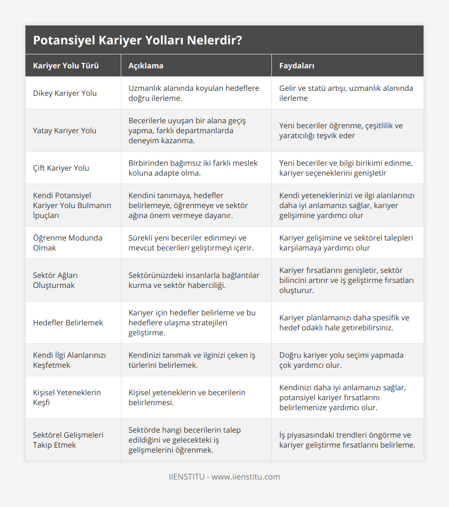 Dikey Kariyer Yolu, Uzmanlık alanında koyulan hedeflere doğru ilerleme, Gelir ve statü artışı, uzmanlık alanında ilerleme, Yatay Kariyer Yolu, Becerilerle uyuşan bir alana geçiş yapma, farklı departmanlarda deneyim kazanma, Yeni beceriler öğrenme, çeşitlilik ve yaratıcılığı teşvik eder, Çift Kariyer Yolu, Birbirinden bağımsız iki farklı meslek koluna adapte olma, Yeni beceriler ve bilgi birikimi edinme, kariyer seçeneklerini genişletir, Kendi Potansiyel Kariyer Yolu Bulmanın İpuçları, Kendini tanımaya, hedefler belirlemeye, öğrenmeye ve sektör ağına önem vermeye dayanır, Kendi yeteneklerinizi ve ilgi alanlarınızı daha iyi anlamanızı sağlar, kariyer gelişimine yardımcı olur, Öğrenme Modunda Olmak, Sürekli yeni beceriler edinmeyi ve mevcut becerileri geliştirmeyi içerir, Kariyer gelişimine ve sektörel talepleri karşılamaya yardımcı olur, Sektör Ağları Oluşturmak, Sektörünüzdeki insanlarla bağlantılar kurma ve sektör haberciliği, Kariyer fırsatlarını genişletir, sektör bilincini artırır ve iş geliştirme fırsatları oluşturur, Hedefler Belirlemek, Kariyer için hedefler belirleme ve bu hedeflere ulaşma stratejileri geliştirme, Kariyer planlamanızı daha spesifik ve hedef odaklı hale getirebilirsiniz, Kendi İlgi Alanlarınızı Keşfetmek, Kendinizi tanımak ve ilginizi çeken iş türlerini belirlemek, Doğru kariyer yolu seçimi yapmada çok yardımcı olur, Kişisel Yeteneklerin Keşfi, Kişisel yeteneklerin ve becerilerin belirlenmesi, Kendinizi daha iyi anlamanızı sağlar, potansiyel kariyer fırsatlarını belirlemenize yardımcı olur, Sektörel Gelişmeleri Takip Etmek, Sektörde hangi becerilerin talep edildiğini ve gelecekteki iş gelişmelerini öğrenmek, İş piyasasındaki trendleri öngörme ve kariyer geliştirme fırsatlarını belirleme