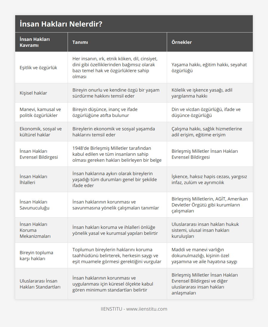 Eşitlik ve özgürlük, Her insanın, ırk, etnik köken, dil, cinsiyet, dini gibi özelliklerinden bağımsız olarak bazı temel hak ve özgürlüklere sahip olması, Yaşama hakkı, eğitim hakkı, seyahat özgürlüğü, Kişisel haklar, Bireyin onurlu ve kendine özgü bir yaşam sürdürme hakkını temsil eder, Kölelik ve işkence yasağı, adil yargılanma hakkı, Manevi, kamusal ve politik özgürlükler, Bireyin düşünce, inanç ve ifade özgürlüğüne atıfta bulunur, Din ve vicdan özgürlüğü, ifade ve düşünce özgürlüğü, Ekonomik, sosyal ve kültürel haklar, Bireylerin ekonomik ve sosyal yaşamda haklarını temsil eder, Çalışma hakkı, sağlık hizmetlerine adil erişim, eğitime erişim, İnsan Hakları Evrensel Bildirgesi, 1948'de Birleşmiş Milletler tarafından kabul edilen ve tüm insanların sahip olması gereken hakları belirleyen bir belge, Birleşmiş Milletler İnsan Hakları Evrensel Bildirgesi, İnsan Hakları İhlalleri, İnsan haklarına aykırı olarak bireylerin yaşadığı tüm durumları genel bir şekilde ifade eder, İşkence, haksız hapis cezası, yargısız infaz, zulüm ve ayrımcılık, İnsan Hakları Savunuculuğu, İnsan haklarının korunması ve savunmasına yönelik çalışmaları tanımlar, Birleşmiş Milletlerin, AGİT, Amerikan Devletler Örgütü gibi kurumların çalışmaları, İnsan Hakları Koruma Mekanizmaları, İnsan hakları koruma ve ihlalleri önlüğe yönelik yasal ve kurumsal yapıları belirtir, Uluslararası insan hakları hukuk sistemi, ulusal insan hakları kuruluşları, Bireyin topluma karşı hakları, Toplumun bireylerin haklarını koruma taahhüdünü belirterek, herkesin saygı ve eşit muamele görmesi gerektiğini vurgular, Maddi ve manevi varlığın dokunulmazlığı, kişinin özel yaşamına ve aile hayatına saygı, Uluslararası İnsan Hakları Standartları, İnsan haklarının korunması ve uygulanması için küresel ölçekte kabul gören minimum standartları belirtir, Birleşmiş Milletler İnsan Hakları Evrensel Bildirgesi ve diğer uluslararası insan hakları anlaşmaları