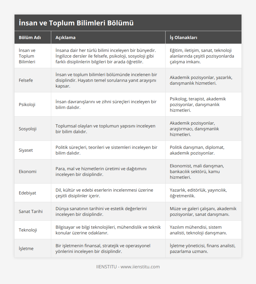 İnsan ve Toplum Bilimleri, İnsana dair her türlü bilimi inceleyen bir bünyedir İngilizce dersler ile felsefe, psikoloji, sosyoloji gibi farklı disiplinlerin bilgileri bir arada öğretilir, Eğitim, iletişim, sanat, teknoloji alanlarında çeşitli pozisyonlarda çalışma imkanı, Felsefe, İnsan ve toplum bilimleri bölümünde incelenen bir disiplindir Hayatın temel sorularına yanıt arayışını kapsar, Akademik pozisyonlar, yazarlık, danışmanlık hizmetleri, Psikoloji, İnsan davranışlarını ve zihni süreçleri inceleyen bir bilim dalıdır, Psikolog, terapist, akademik pozisyonlar, danışmanlık hizmetleri, Sosyoloji, Toplumsal olayları ve toplumun yapısını inceleyen bir bilim dalıdır, Akademik pozisyonlar, araştırmacı, danışmanlık hizmetleri, Siyaset, Politik süreçleri, teorileri ve sistemleri inceleyen bir bilim dalıdır, Politik danışman, diplomat, akademik pozisyonlar, Ekonomi, Para, mal ve hizmetlerin üretimi ve dağıtımını inceleyen bir disiplindir, Ekonomist, mali danışman, bankacılık sektörü, kamu hizmetleri, Edebiyat, Dil, kültür ve edebi eserlerin incelenmesi üzerine çeşitli disiplinler içerir, Yazarlık, editörlük, yayıncılık, öğretmenlik, Sanat Tarihi, Dünya sanatının tarihini ve estetik değerlerini inceleyen bir disiplindir, Müze ve galeri çalışanı, akademik pozisyonlar, sanat danışmanı, Teknoloji, Bilgisayar ve bilgi teknolojileri, mühendislik ve teknik konular üzerine odaklanır, Yazılım mühendisi, sistem analisti, teknoloji danışmanı, İşletme, Bir işletmenin finansal, stratejik ve operasyonel yönlerini inceleyen bir disiplindir, İşletme yöneticisi, finans analisti, pazarlama uzmanı