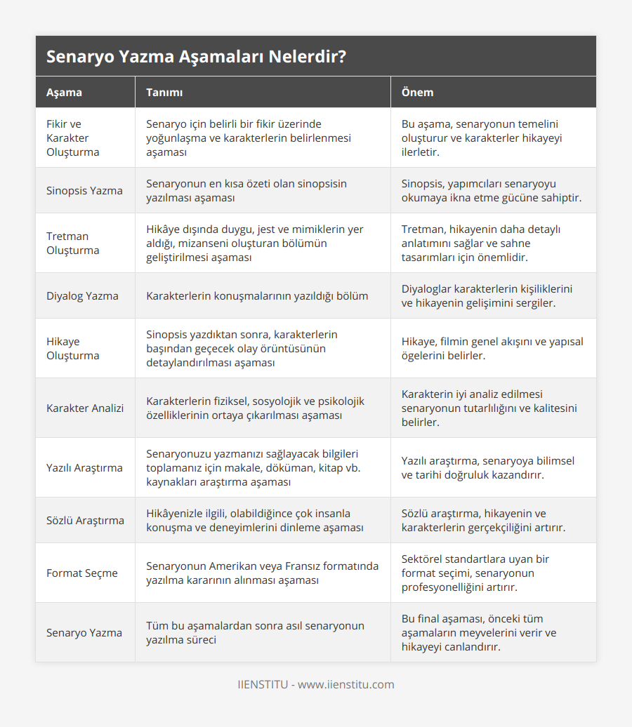 Fikir ve Karakter Oluşturma, Senaryo için belirli bir fikir üzerinde yoğunlaşma ve karakterlerin belirlenmesi aşaması, Bu aşama, senaryonun temelini oluşturur ve karakterler hikayeyi ilerletir, Sinopsis Yazma, Senaryonun en kısa özeti olan sinopsisin yazılması aşaması, Sinopsis, yapımcıları senaryoyu okumaya ikna etme gücüne sahiptir, Tretman Oluşturma, Hikâye dışında duygu, jest ve mimiklerin yer aldığı, mizanseni oluşturan bölümün geliştirilmesi aşaması, Tretman, hikayenin daha detaylı anlatımını sağlar ve sahne tasarımları için önemlidir, Diyalog Yazma, Karakterlerin konuşmalarının yazıldığı bölüm, Diyaloglar karakterlerin kişiliklerini ve hikayenin gelişimini sergiler, Hikaye Oluşturma, Sinopsis yazdıktan sonra, karakterlerin başından geçecek olay örüntüsünün detaylandırılması aşaması, Hikaye, filmin genel akışını ve yapısal ögelerini belirler, Karakter Analizi, Karakterlerin fiziksel, sosyolojik ve psikolojik özelliklerinin ortaya çıkarılması aşaması, Karakterin iyi analiz edilmesi senaryonun tutarlılığını ve kalitesini belirler, Yazılı Araştırma, Senaryonuzu yazmanızı sağlayacak bilgileri toplamanız için makale, döküman, kitap vb kaynakları araştırma aşaması, Yazılı araştırma, senaryoya bilimsel ve tarihi doğruluk kazandırır, Sözlü Araştırma, Hikâyenizle ilgili, olabildiğince çok insanla konuşma ve deneyimlerini dinleme aşaması, Sözlü araştırma, hikayenin ve karakterlerin gerçekçiliğini artırır, Format Seçme, Senaryonun Amerikan veya Fransız formatında yazılma kararının alınması aşaması, Sektörel standartlara uyan bir format seçimi, senaryonun profesyonelliğini artırır, Senaryo Yazma, Tüm bu aşamalardan sonra asıl senaryonun yazılma süreci, Bu final aşaması, önceki tüm aşamaların meyvelerini verir ve hikayeyi canlandırır