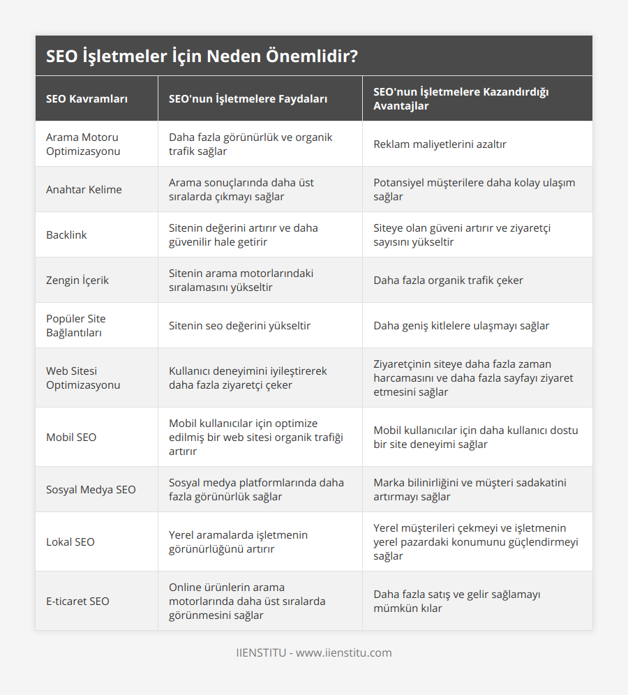 Arama Motoru Optimizasyonu, Daha fazla görünürlük ve organik trafik sağlar, Reklam maliyetlerini azaltır, Anahtar Kelime, Arama sonuçlarında daha üst sıralarda çıkmayı sağlar, Potansiyel müşterilere daha kolay ulaşım sağlar, Backlink, Sitenin değerini artırır ve daha güvenilir hale getirir, Siteye olan güveni artırır ve ziyaretçi sayısını yükseltir, Zengin İçerik, Sitenin arama motorlarındaki sıralamasını yükseltir, Daha fazla organik trafik çeker, Popüler Site Bağlantıları, Sitenin seo değerini yükseltir, Daha geniş kitlelere ulaşmayı sağlar, Web Sitesi Optimizasyonu, Kullanıcı deneyimini iyileştirerek daha fazla ziyaretçi çeker, Ziyaretçinin siteye daha fazla zaman harcamasını ve daha fazla sayfayı ziyaret etmesini sağlar, Mobil SEO, Mobil kullanıcılar için optimize edilmiş bir web sitesi organik trafiği artırır, Mobil kullanıcılar için daha kullanıcı dostu bir site deneyimi sağlar, Sosyal Medya SEO, Sosyal medya platformlarında daha fazla görünürlük sağlar, Marka bilinirliğini ve müşteri sadakatini artırmayı sağlar, Lokal SEO, Yerel aramalarda işletmenin görünürlüğünü artırır, Yerel müşterileri çekmeyi ve işletmenin yerel pazardaki konumunu güçlendirmeyi sağlar, E-ticaret SEO, Online ürünlerin arama motorlarında daha üst sıralarda görünmesini sağlar, Daha fazla satış ve gelir sağlamayı mümkün kılar