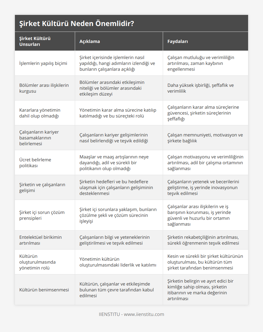 İşlemlerin yapılış biçimi, Şirket içerisinde işlemlerin nasıl yapıldığı, hangi adımların izlendiği ve bunların çalışanlara açıklığı, Çalışan mutluluğu ve verimliliğin artırılması, zaman kaybının engellenmesi, Bölümler arası ilişkilerin kurgusu, Bölümler arasındaki etkileşimin niteliği ve bölümler arasındaki etkileşim düzeyi, Daha yüksek işbirliği, şeffaflık ve verimlilik, Kararlara yönetimin dahil olup olmadığı, Yönetimin karar alma sürecine katılıp katılmadığı ve bu süreçteki rolü, Çalışanların karar alma süreçlerine güvencesi, şirketin süreçlerinin şeffaflığı, Çalışanların kariyer basamaklarının belirlemesi, Çalışanların kariyer gelişimlerinin nasıl belirlendiği ve teşvik edildiği, Çalışan memnuniyeti, motivasyon ve şirkete bağlılık, Ücret belirleme politikası, Maaşlar ve maaş artışlarının neye dayandığı, adil ve sürekli bir politikanın olup olmadığı, Çalışan motivasyonu ve verimliliğinin artırılması, adil bir çalışma ortamının sağlanması, Şirketin ve çalışanların gelişimi, Şirketin hedefleri ve bu hedeflere ulaşmak için çalışanların gelişiminin desteklenmesi, Çalışanların yetenek ve becerilerini geliştirme, iş yerinde inovasyonun teşvik edilmesi, Şirket içi sorun çözüm prensipleri, Şirket içi sorunlara yaklaşım, bunların çözülme şekli ve çözüm sürecinin işleyişi, Çalışanlar arası ilişkilerin ve iş barışının korunması, iş yerinde güvenli ve huzurlu bir ortamın sağlanması, Entelektüel birikimin artırılması, Çalışanların bilgi ve yeteneklerinin geliştirilmesi ve teşvik edilmesi, Şirketin rekabetçiliğinin artırılması, sürekli öğrenmenin teşvik edilmesi, Kültürün oluşturulmasında yönetimin rolü, Yönetimin kültürün oluşturulmasındaki liderlik ve katılımı, Kesin ve sürekli bir şirket kültürünün oluşturulması, bu kültürün tüm şirket tarafından benimsenmesi, Kültürün benimsenmesi, Kültürün, çalışanlar ve etkileşimde bulunan tüm çevre tarafından kabul edilmesi, Şirketin belirgin ve ayırt edici bir kimliğe sahip olması, şirketin itibarının ve marka değerinin artırılması