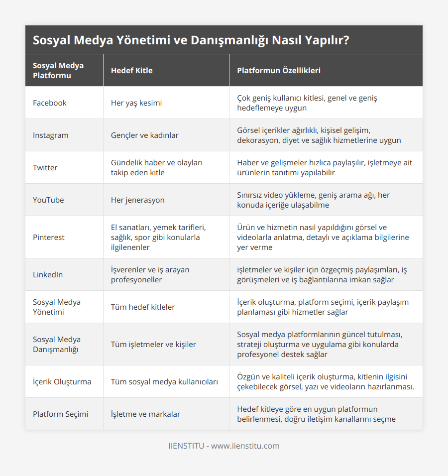 Facebook, Her yaş kesimi, Çok geniş kullanıcı kitlesi, genel ve geniş hedeflemeye uygun, Instagram, Gençler ve kadınlar, Görsel içerikler ağırlıklı, kişisel gelişim, dekorasyon, diyet ve sağlık hizmetlerine uygun, Twitter, Gündelik haber ve olayları takip eden kitle, Haber ve gelişmeler hızlıca paylaşılır, işletmeye ait ürünlerin tanıtımı  yapılabilir, YouTube, Her jenerasyon, Sınırsız video yükleme, geniş arama ağı, her konuda içeriğe ulaşabilme, Pinterest, El sanatları, yemek tarifleri, sağlık, spor gibi konularla ilgilenenler, Ürün ve hizmetin nasıl yapıldığını görsel ve videolarla anlatma, detaylı ve açıklama bilgilerine yer verme, LinkedIn, İşverenler ve iş arayan profesyoneller, işletmeler ve kişiler için özgeçmiş paylaşımları, iş görüşmeleri ve iş bağlantılarına imkan sağlar, Sosyal Medya Yönetimi, Tüm hedef kitleler, İçerik oluşturma, platform seçimi, içerik paylaşım planlaması gibi hizmetler sağlar, Sosyal Medya Danışmanlığı, Tüm işletmeler ve kişiler, Sosyal medya platformlarının güncel tutulması, strateji oluşturma ve uygulama gibi konularda profesyonel destek sağlar, İçerik Oluşturma, Tüm sosyal medya kullanıcıları, Özgün ve kaliteli içerik oluşturma, kitlenin ilgisini çekebilecek görsel, yazı ve videoların hazırlanması, Platform Seçimi, İşletme ve markalar, Hedef kitleye göre en uygun platformun belirlenmesi, doğru iletişim kanallarını seçme