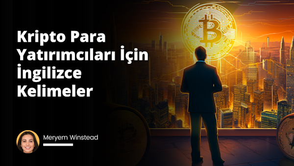 Resimde, arka planda bir şehir silüeti ve büyük bir Bitcoin logosu görünmektedir. Bitcoin logosu, güneşin arkasında gibi durarak parlak bir ışık yaymaktadır. Şehir silüetinde birçok gökdelen ve yapının üzerine çizgiler çekilmiş gibi, grafiksel bir artış eğrisi betimlenmiştir. Ön planda, sağa dönük bir erkek figürü görülmekte ve bu figür şehre bakmaktadır. Figürün üzerinde klasik bir iş takım elbisesi var. Üst kısımda büyük harflerle "Kripto Para Yatırımcıları İçin İngilizce Kelimeler" yazmaktadır. Bu, muhtemelen kripto para yatırımcılarına yönelik bir eğitim materyali veya bir kitabın tanıtım görseli olabilir.