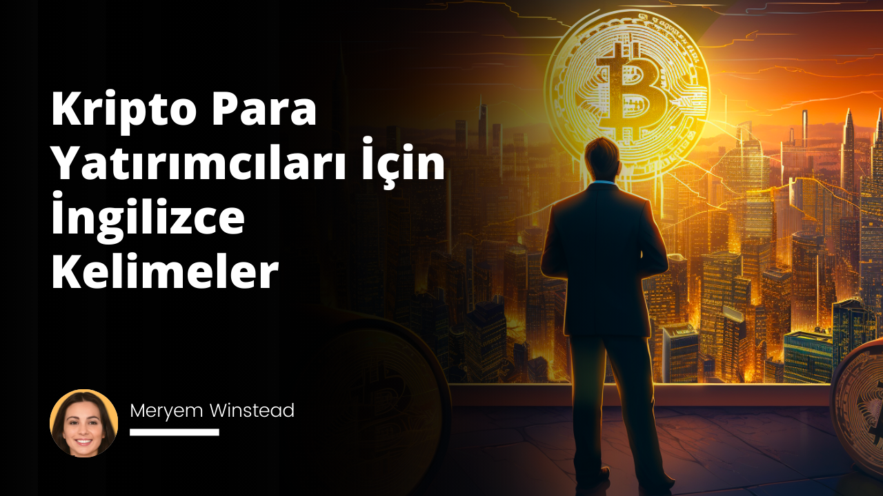 Resimde, arka planda bir şehir silüeti ve büyük bir Bitcoin logosu görünmektedir. Bitcoin logosu, güneşin arkasında gibi durarak parlak bir ışık yaymaktadır. Şehir silüetinde birçok gökdelen ve yapının üzerine çizgiler çekilmiş gibi, grafiksel bir artış eğrisi betimlenmiştir. Ön planda, sağa dönük bir erkek figürü görülmekte ve bu figür şehre bakmaktadır. Figürün üzerinde klasik bir iş takım elbisesi var. Üst kısımda büyük harflerle "Kripto Para Yatırımcıları İçin İngilizce Kelimeler" yazmaktadır. Bu, muhtemelen kripto para yatırımcılarına yönelik bir eğitim materyali veya bir kitabın tanıtım görseli olabilir.