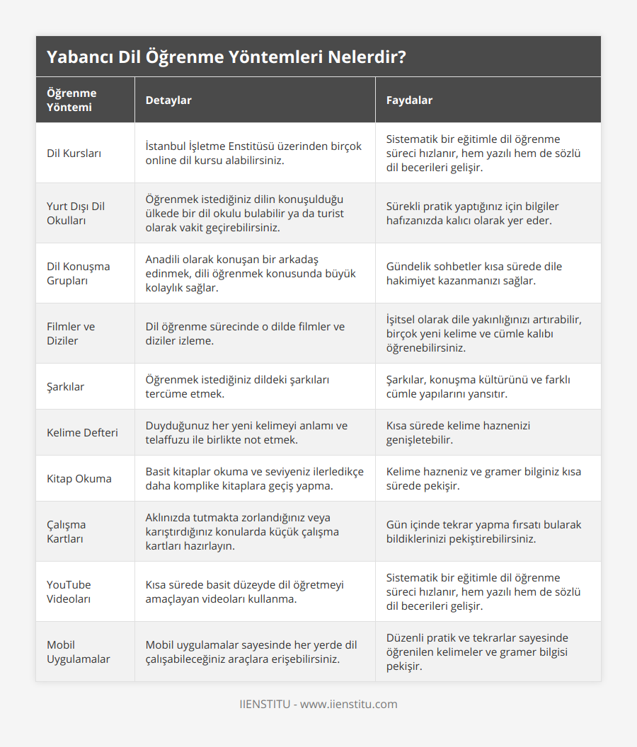Dil Kursları, İstanbul İşletme Enstitüsü üzerinden birçok online dil kursu alabilirsiniz, Sistematik bir eğitimle dil öğrenme süreci hızlanır, hem yazılı hem de sözlü dil becerileri gelişir, Yurt Dışı Dil Okulları, Öğrenmek istediğiniz dilin konuşulduğu ülkede bir dil okulu bulabilir ya da turist olarak vakit geçirebilirsiniz, Sürekli pratik yaptığınız için bilgiler hafızanızda kalıcı olarak yer eder, Dil Konuşma Grupları, Anadili olarak konuşan bir arkadaş edinmek, dili öğrenmek konusunda büyük kolaylık sağlar, Gündelik sohbetler kısa sürede dile hakimiyet kazanmanızı sağlar, Filmler ve Diziler, Dil öğrenme sürecinde o dilde filmler ve diziler izleme, İşitsel olarak dile yakınlığınızı artırabilir, birçok yeni kelime ve cümle kalıbı öğrenebilirsiniz, Şarkılar, Öğrenmek istediğiniz dildeki şarkıları tercüme etmek, Şarkılar, konuşma kültürünü ve farklı cümle yapılarını yansıtır, Kelime Defteri, Duyduğunuz her yeni kelimeyi anlamı ve telaffuzu ile birlikte not etmek, Kısa sürede kelime haznenizi genişletebilir, Kitap Okuma, Basit kitaplar okuma ve seviyeniz ilerledikçe daha komplike kitaplara geçiş yapma, Kelime hazneniz ve gramer bilginiz kısa sürede pekişir, Çalışma Kartları, Aklınızda tutmakta zorlandığınız veya karıştırdığınız konularda küçük çalışma kartları hazırlayın, Gün içinde tekrar yapma fırsatı bularak bildiklerinizi pekiştirebilirsiniz, YouTube Videoları, Kısa sürede basit düzeyde dil öğretmeyi amaçlayan videoları kullanma, Sistematik bir eğitimle dil öğrenme süreci hızlanır, hem yazılı hem de sözlü dil becerileri gelişir, Mobil Uygulamalar, Mobil uygulamalar sayesinde her yerde dil çalışabileceğiniz araçlara erişebilirsiniz, Düzenli pratik ve tekrarlar sayesinde öğrenilen kelimeler ve gramer bilgisi pekişir