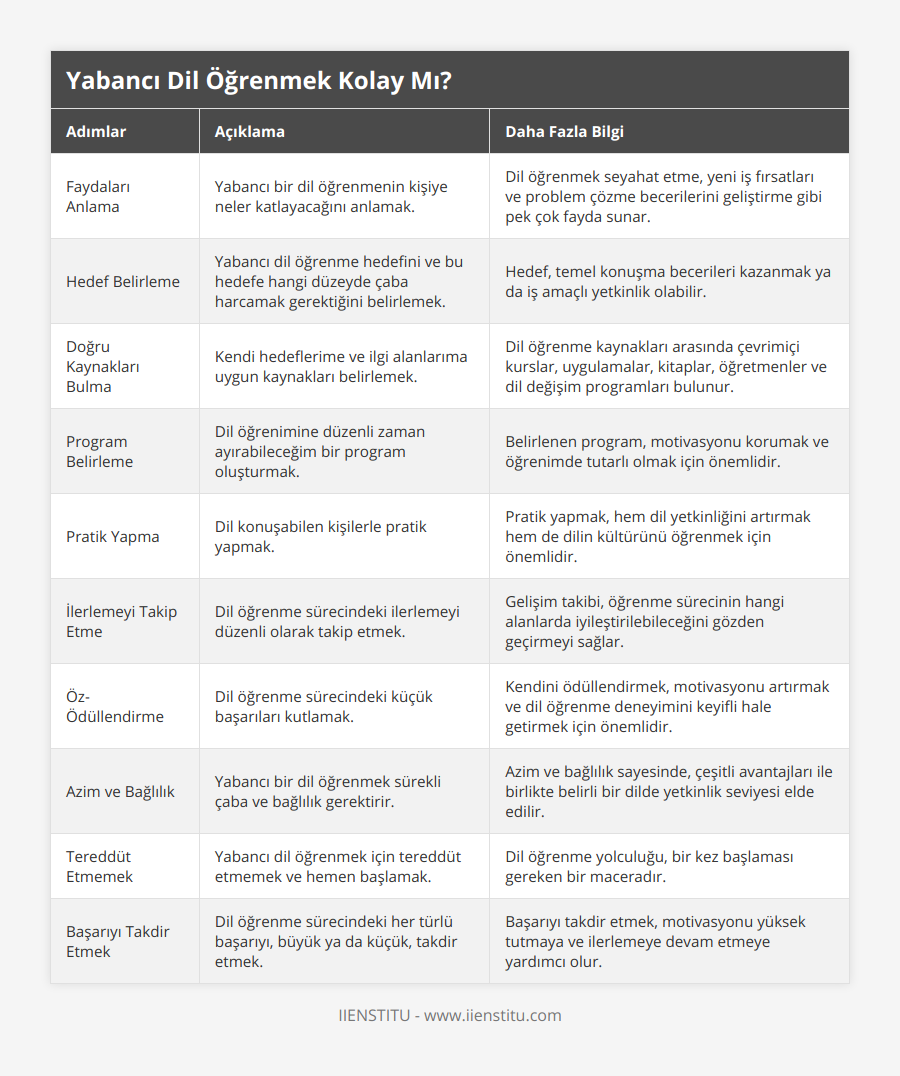 Faydaları Anlama, Yabancı bir dil öğrenmenin kişiye neler katlayacağını anlamak, Dil öğrenmek seyahat etme, yeni iş fırsatları ve problem çözme becerilerini geliştirme gibi pek çok fayda sunar, Hedef Belirleme, Yabancı dil öğrenme hedefini ve bu hedefe hangi düzeyde çaba harcamak gerektiğini belirlemek, Hedef, temel konuşma becerileri kazanmak ya da iş amaçlı yetkinlik olabilir, Doğru Kaynakları Bulma, Kendi hedeflerime ve ilgi alanlarıma uygun kaynakları belirlemek, Dil öğrenme kaynakları arasında çevrimiçi kurslar, uygulamalar, kitaplar, öğretmenler ve dil değişim programları bulunur, Program Belirleme, Dil öğrenimine düzenli zaman ayırabileceğim bir program oluşturmak, Belirlenen program, motivasyonu korumak ve öğrenimde tutarlı olmak için önemlidir, Pratik Yapma, Dil konuşabilen kişilerle pratik yapmak, Pratik yapmak, hem dil yetkinliğini artırmak hem de dilin kültürünü öğrenmek için önemlidir, İlerlemeyi Takip Etme, Dil öğrenme sürecindeki ilerlemeyi düzenli olarak takip etmek, Gelişim takibi, öğrenme sürecinin hangi alanlarda iyileştirilebileceğini gözden geçirmeyi sağlar, Öz-Ödüllendirme, Dil öğrenme sürecindeki küçük başarıları kutlamak, Kendini ödüllendirmek, motivasyonu artırmak ve dil öğrenme deneyimini keyifli hale getirmek için önemlidir, Azim ve Bağlılık, Yabancı bir dil öğrenmek sürekli çaba ve bağlılık gerektirir, Azim ve bağlılık sayesinde, çeşitli avantajları ile birlikte belirli bir dilde yetkinlik seviyesi elde edilir, Tereddüt Etmemek, Yabancı dil öğrenmek için tereddüt etmemek ve hemen başlamak, Dil öğrenme yolculuğu, bir kez başlaması gereken bir maceradır, Başarıyı Takdir Etmek, Dil öğrenme sürecindeki her türlü başarıyı, büyük ya da küçük, takdir etmek, Başarıyı takdir etmek, motivasyonu yüksek tutmaya ve ilerlemeye devam etmeye yardımcı olur