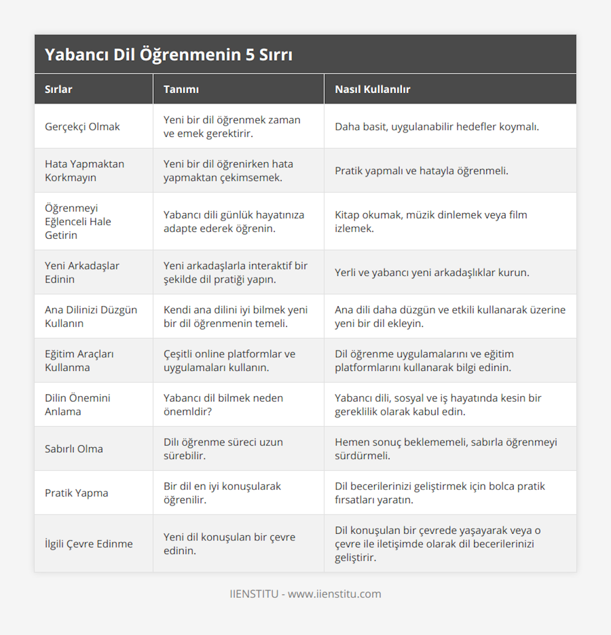Gerçekçi Olmak, Yeni bir dil öğrenmek zaman ve emek gerektirir, Daha basit, uygulanabilir hedefler koymalı, Hata Yapmaktan Korkmayın, Yeni bir dil öğrenirken hata yapmaktan çekimsemek, Pratik yapmalı ve hatayla öğrenmeli, Öğrenmeyi Eğlenceli Hale Getirin, Yabancı dili günlük hayatınıza adapte ederek öğrenin, Kitap okumak, müzik dinlemek veya film izlemek, Yeni Arkadaşlar Edinin, Yeni arkadaşlarla interaktif bir şekilde dil pratiği yapın, Yerli ve yabancı yeni arkadaşlıklar kurun, Ana Dilinizi Düzgün Kullanın, Kendi ana dilini iyi bilmek yeni bir dil öğrenmenin temeli, Ana dili daha düzgün ve etkili kullanarak üzerine yeni bir dil ekleyin, Eğitim Araçları Kullanma, Çeşitli online platformlar ve uygulamaları kullanın, Dil öğrenme uygulamalarını ve eğitim platformlarını kullanarak bilgi edinin, Dilin Önemini Anlama, Yabancı dil bilmek neden önemldir?, Yabancı dili, sosyal ve iş hayatında kesin bir gereklilik olarak kabul edin, Sabırlı Olma, Dilı öğrenme süreci uzun sürebilir, Hemen sonuç beklememeli, sabırla öğrenmeyi sürdürmeli, Pratik Yapma, Bir dil en iyi konuşularak öğrenilir, Dil becerilerinizi geliştirmek için bolca pratik fırsatları yaratın, İlgili Çevre Edinme, Yeni dil konuşulan bir çevre edinin, Dil konuşulan bir çevrede yaşayarak veya o çevre ile iletişimde olarak dil becerilerinizi geliştirir