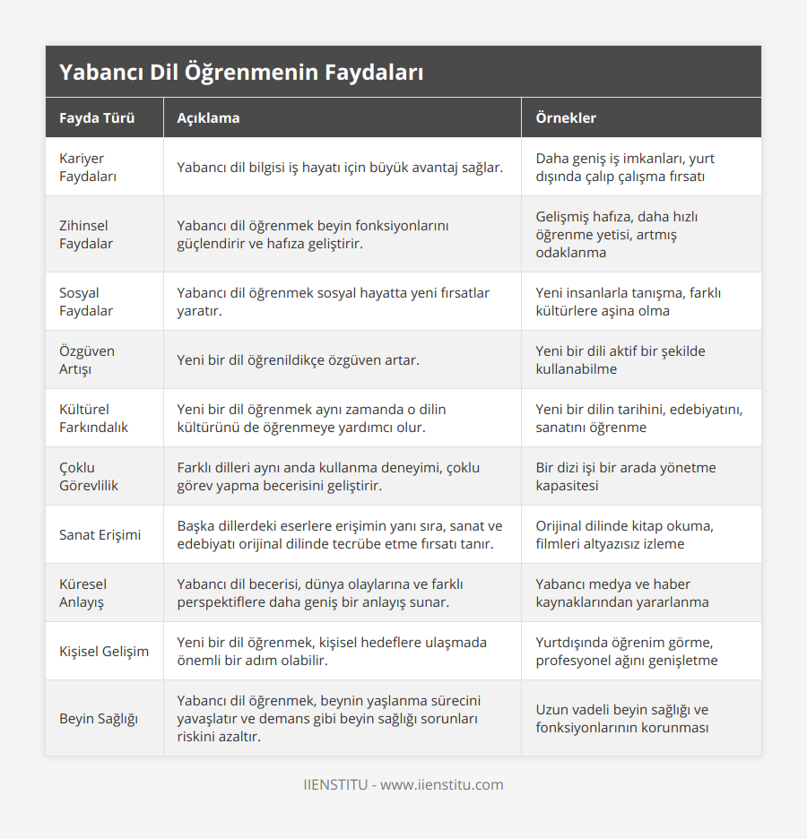Kariyer Faydaları, Yabancı dil bilgisi iş hayatı için büyük avantaj sağlar, Daha geniş iş imkanları, yurt dışında çalıp çalışma fırsatı, Zihinsel Faydalar, Yabancı dil öğrenmek beyin fonksiyonlarını güçlendirir ve hafıza geliştirir, Gelişmiş hafıza, daha hızlı öğrenme yetisi, artmış odaklanma, Sosyal Faydalar, Yabancı dil öğrenmek sosyal hayatta yeni fırsatlar yaratır, Yeni insanlarla tanışma, farklı kültürlere aşina olma, Özgüven Artışı, Yeni bir dil öğrenildikçe özgüven artar, Yeni bir dili aktif bir şekilde kullanabilme, Kültürel Farkındalık, Yeni bir dil öğrenmek aynı zamanda o dilin kültürünü de öğrenmeye yardımcı olur, Yeni bir dilin tarihini, edebiyatını, sanatını öğrenme, Çoklu Görevlilik, Farklı dilleri aynı anda kullanma deneyimi, çoklu görev yapma becerisini geliştirir, Bir dizi işi bir arada yönetme kapasitesi, Sanat Erişimi, Başka dillerdeki eserlere erişimin yanı sıra, sanat ve edebiyatı orijinal dilinde tecrübe etme fırsatı tanır, Orijinal dilinde kitap okuma, filmleri altyazısız izleme, Küresel Anlayış, Yabancı dil becerisi, dünya olaylarına ve farklı perspektiflere daha geniş bir anlayış sunar, Yabancı medya ve haber kaynaklarından yararlanma, Kişisel Gelişim, Yeni bir dil öğrenmek, kişisel hedeflere ulaşmada önemli bir adım olabilir, Yurtdışında öğrenim görme, profesyonel ağını genişletme, Beyin Sağlığı, Yabancı dil öğrenmek, beynin yaşlanma sürecini yavaşlatır ve demans gibi beyin sağlığı sorunları riskini azaltır, Uzun vadeli beyin sağlığı ve fonksiyonlarının korunması